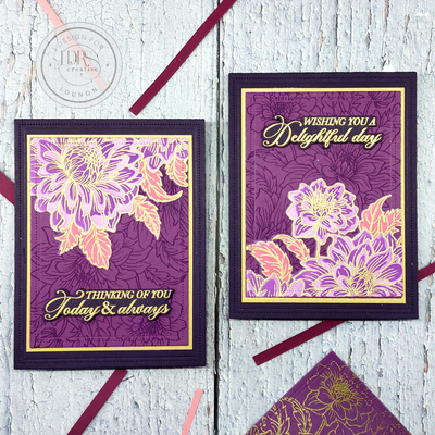 Elegant gold and purple floral cards with Delightful Dahlias