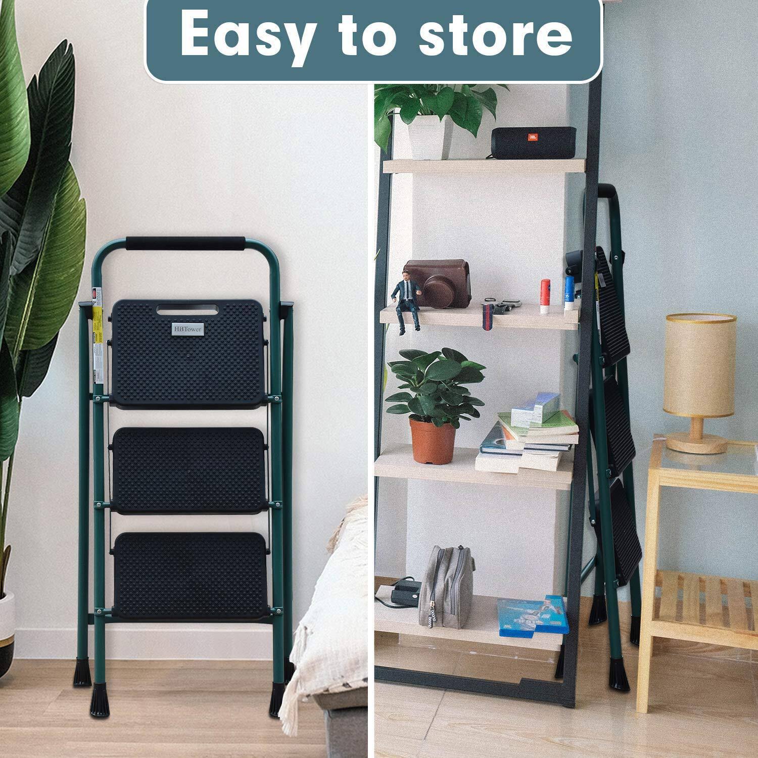 Hbtower 3 Step Ladder, Folding Step Stool With Wide Anti-Slip Pedal, 500 Lbs Sturdy Steel Ladder, Convenient Handgrip, Lightweight, Portable 8RZ8KJFE_BA7SW