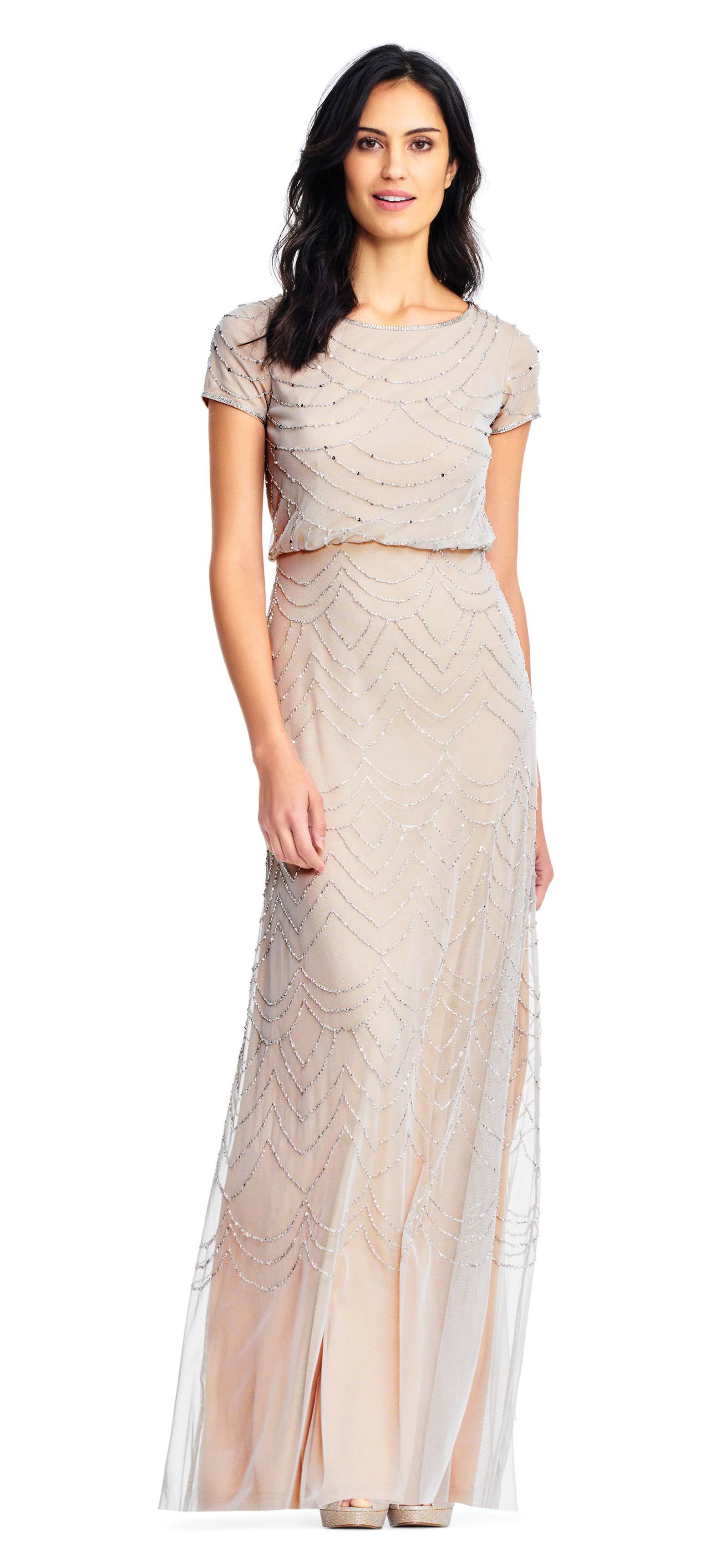 Adrianna Papell Round Neck Short Sleeve Beaded Blouson Gown, Womens, 2, UHVWQYXQ_UTHZ3