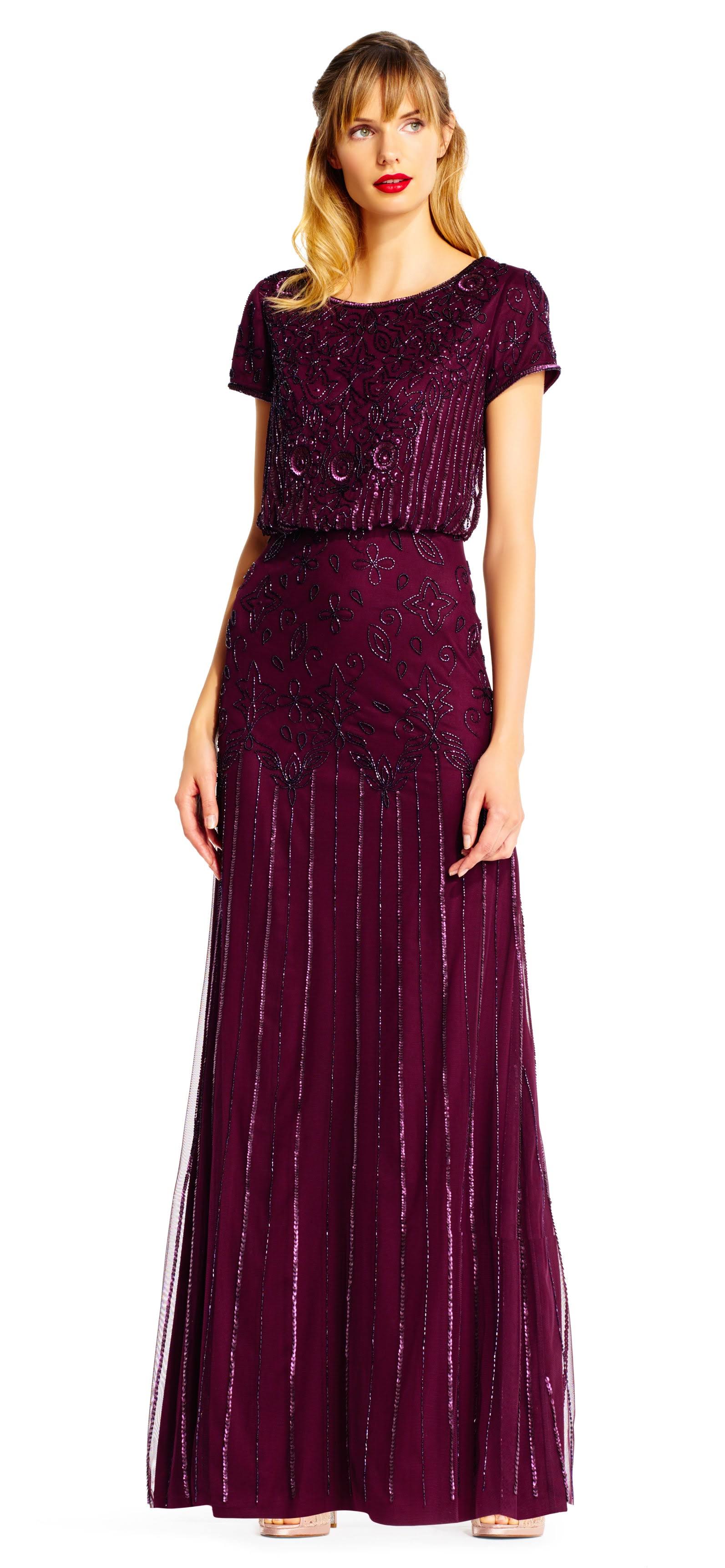 Adrianna Papell Round Neck Short Sleeve Beaded Blouson Gown, Womens, 2, UHVWQYXQ_UTHZ3