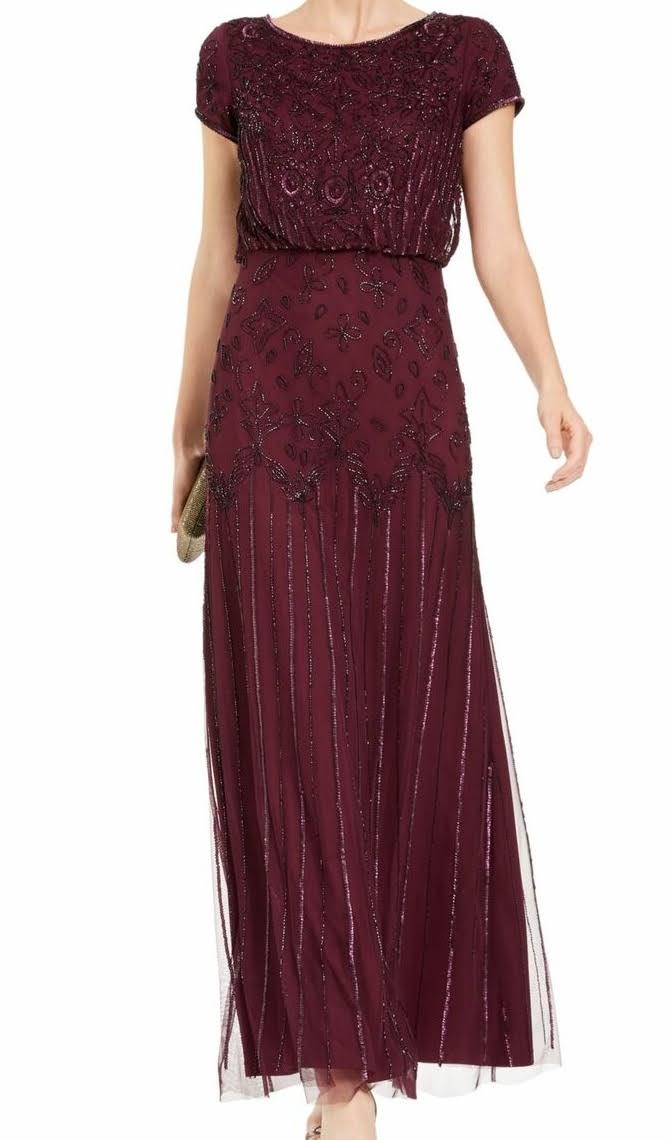 Adrianna Papell Round Neck Short Sleeve Beaded Blouson Gown, Womens, 2, UHVWQYXQ_UTHZ3