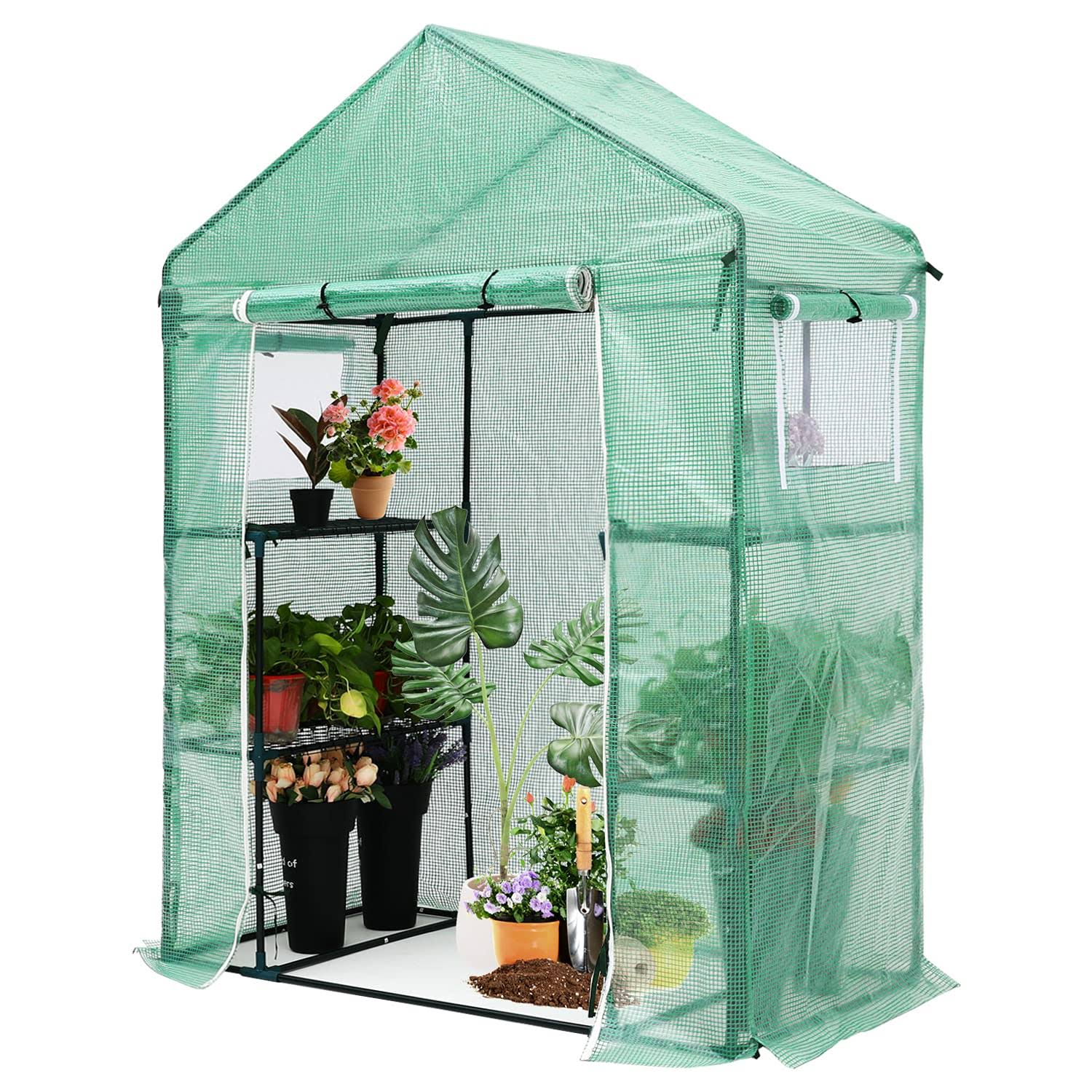 Abccanopy Walk-In Greenhouse, Indoor Outdoor With 2 Tier 4 Shelves Portable Plant Gardening Greenhouse (Green Pe Cover) LO75BFDC_AL11Q
