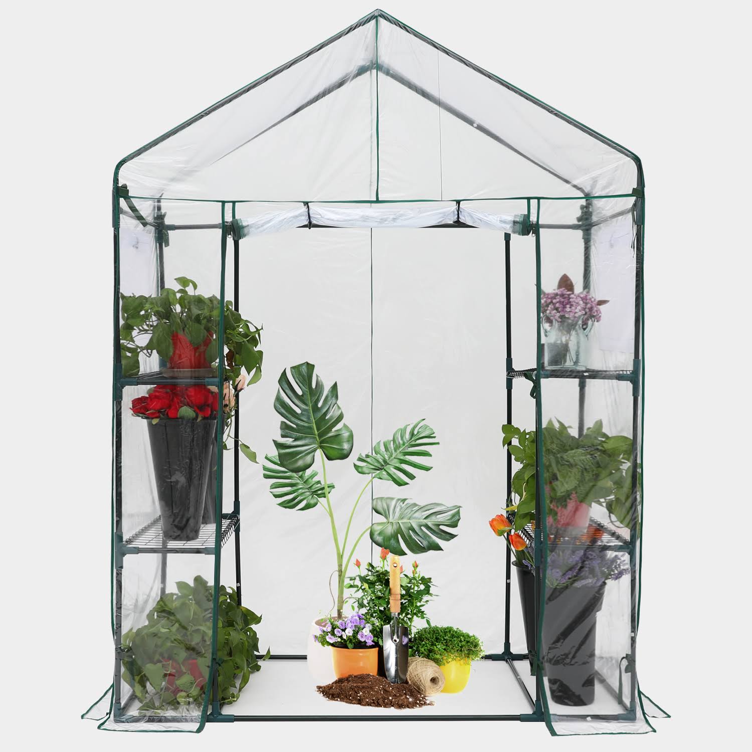 Abccanopy Walk-In Greenhouse, Indoor Outdoor With 2 Tier 4 Shelves Portable Plant Gardening Greenhouse (Green Pe Cover) LO75BFDC_AL11Q