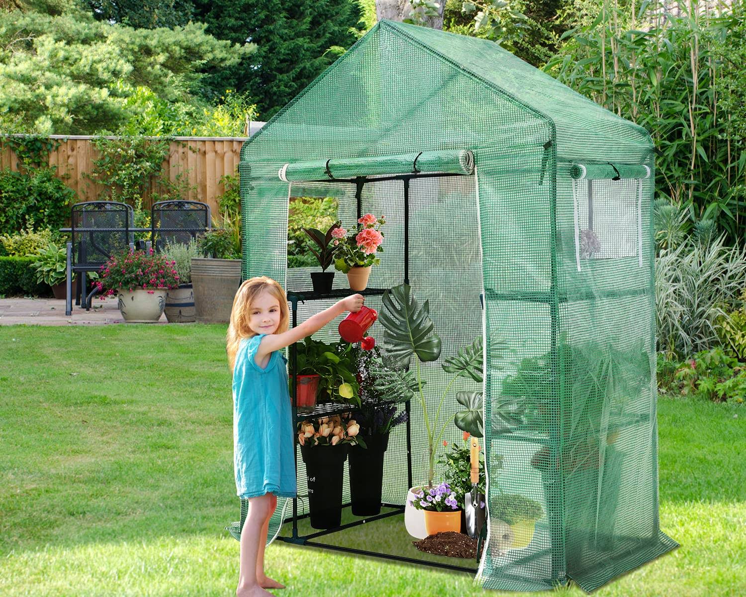 Abccanopy Walk-In Greenhouse, Indoor Outdoor With 2 Tier 4 Shelves Portable Plant Gardening Greenhouse (Green Pe Cover) LO75BFDC_AL11Q