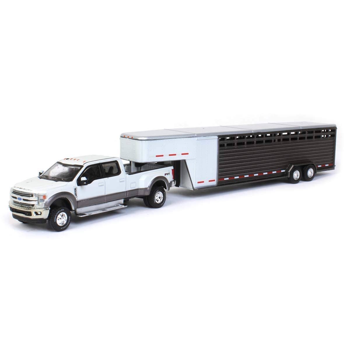 Exclusive 1/64 2019 Ford F-350, White Platinum W/ Gray Gooseneck Livestock Trailer 51301-VCZYBNGF_EZONY