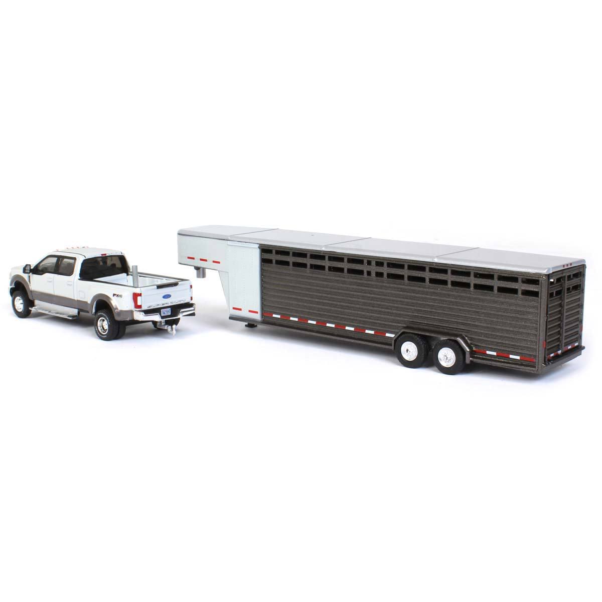 Exclusive 1/64 2019 Ford F-350, White Platinum W/ Gray Gooseneck Livestock Trailer 51301-VCZYBNGF_EZONY