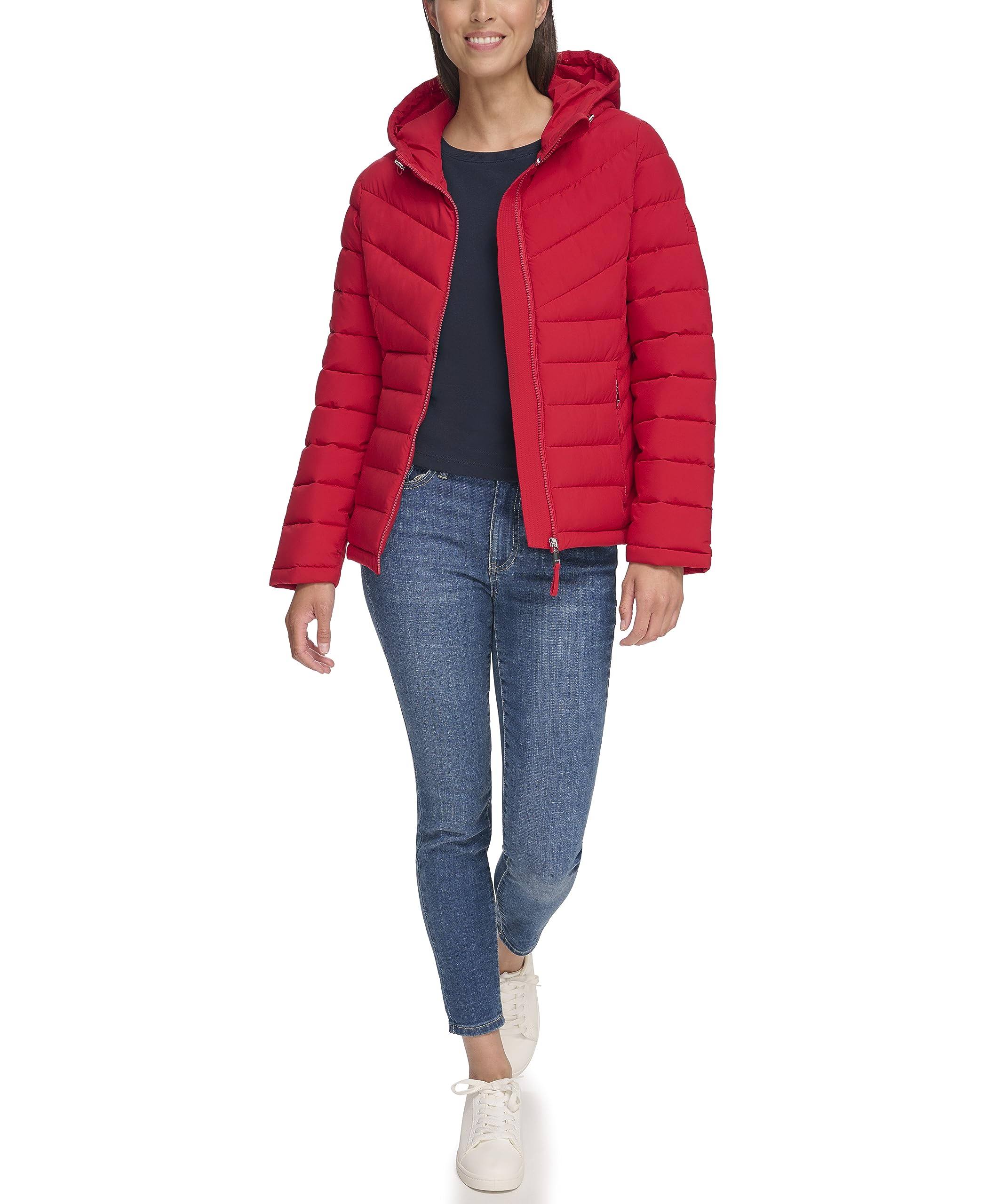 Tommy Hilfiger Women's Hooded Packable Puffer Coat, Crimson, CLSS8CZ9_QEHVA