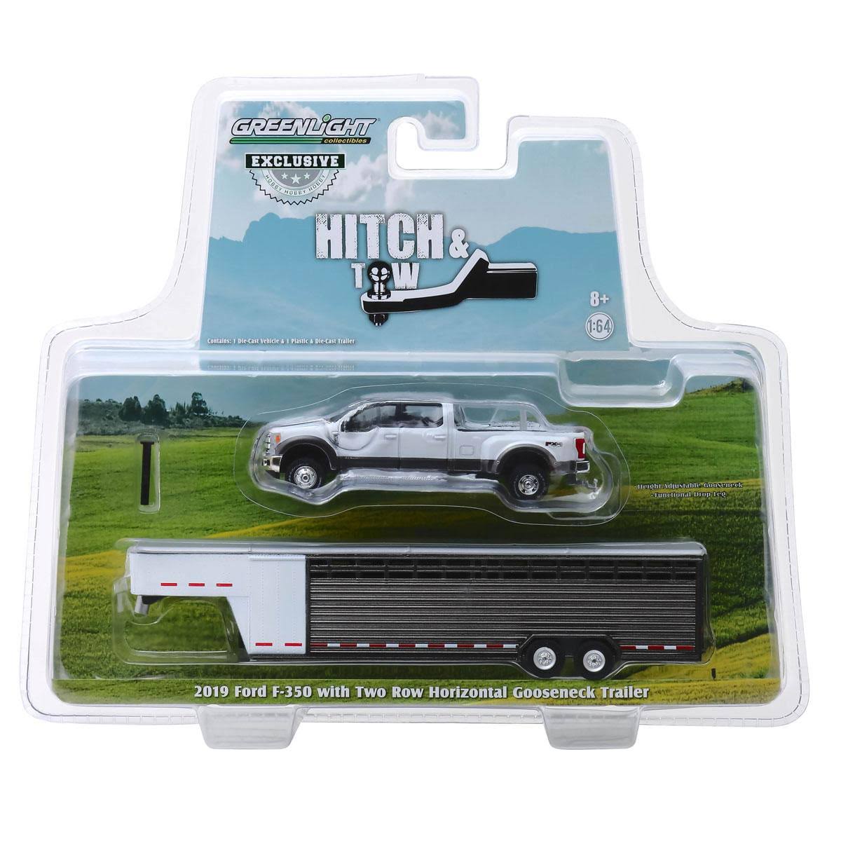 Exclusive 1/64 2019 Ford F-350, White Platinum W/ Gray Gooseneck Livestock Trailer 51301-VCZYBNGF_EZONY