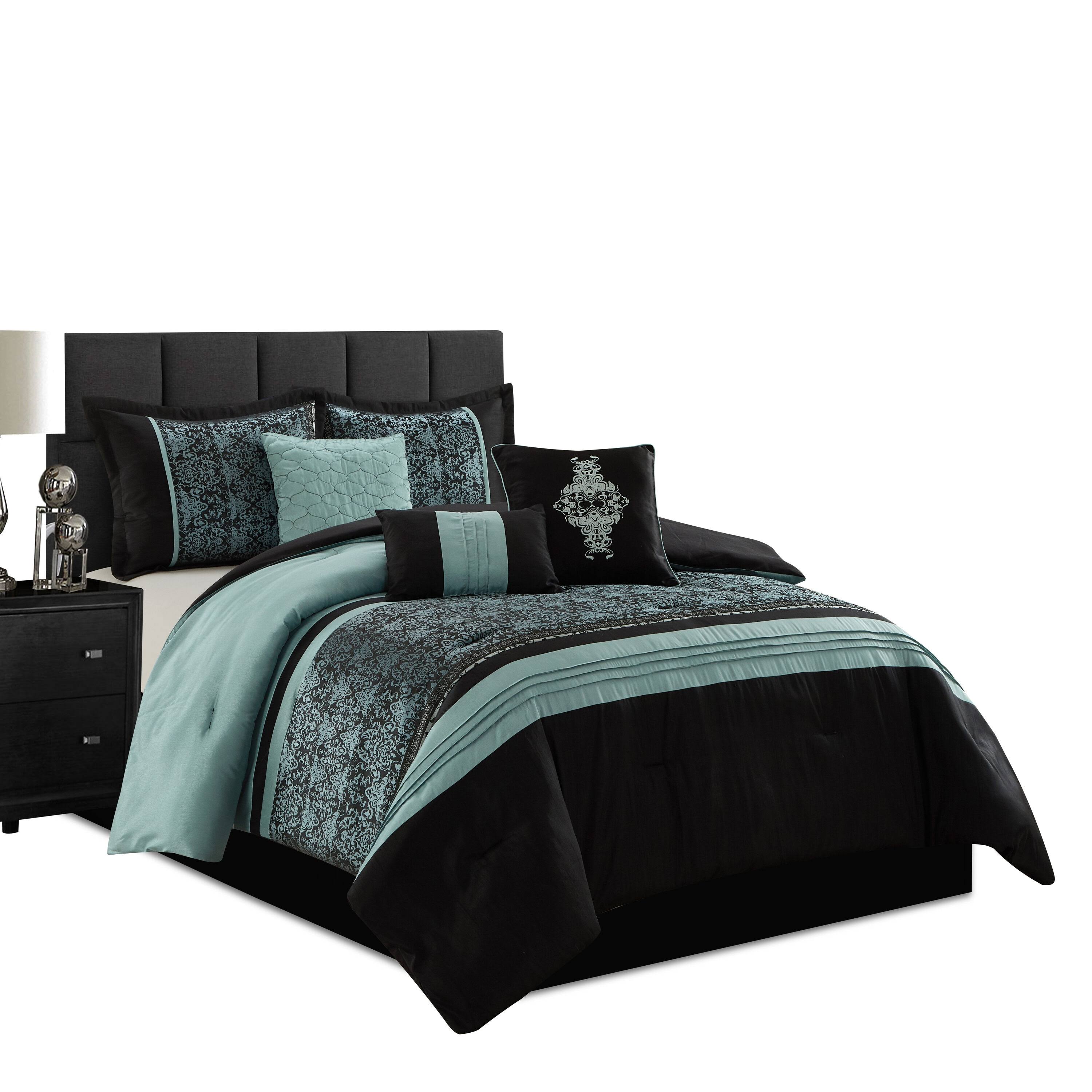 Charley 7 Piece Comforter Set, Aqua/Black, Damask 8OLP4DVA_2CZM3