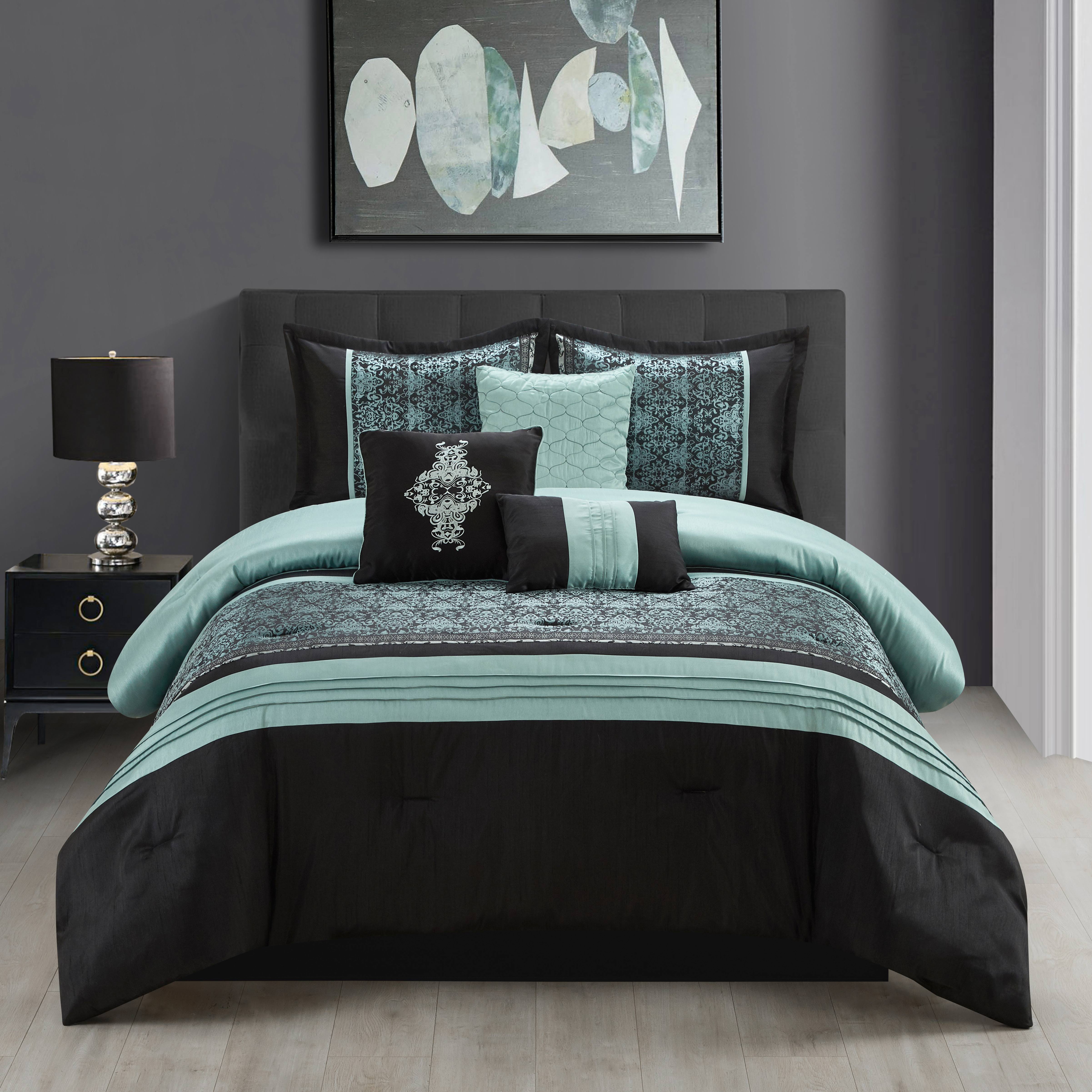 Charley 7 Piece Comforter Set, Aqua/Black, Damask 8OLP4DVA_2CZM3