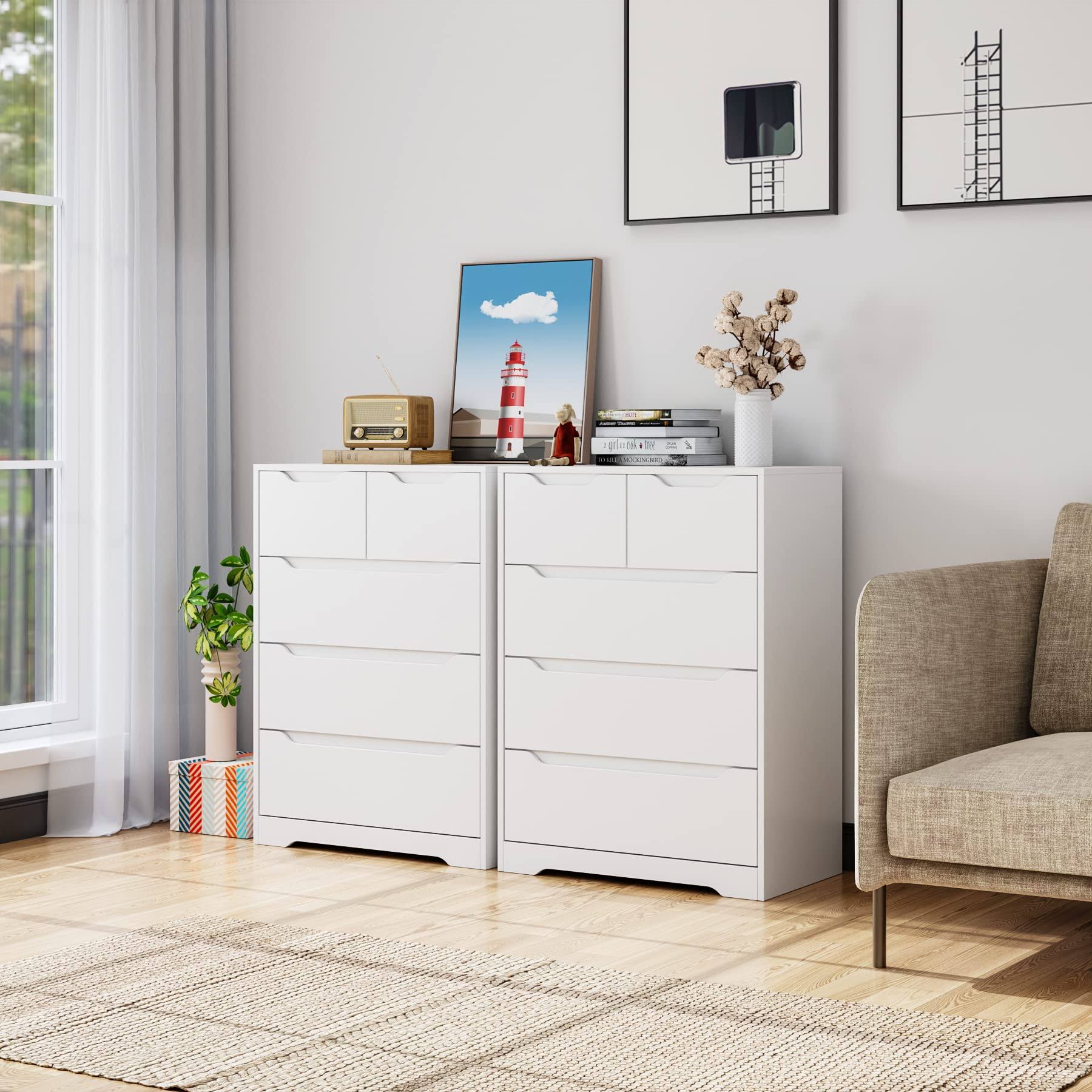 Hostack Modern 5 Drawer Dresser, Chest Of Drawers With Storage, Wood Clothing Organizer With Cut-Out Handles, Accent Storage Cabinet For Living F5JWMKOJ_ZLDI2