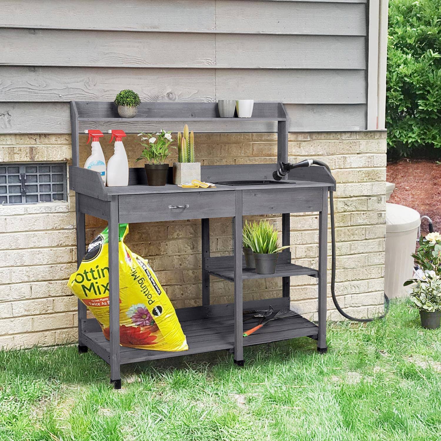 Yaheetech Outdoor Potting Bench Table Potters Benches Garden Work Bench Station Workstation With Drawer/Adjustable Shelf Rack/Removable Sink/Hooks/VA23CK2U_4PEND
