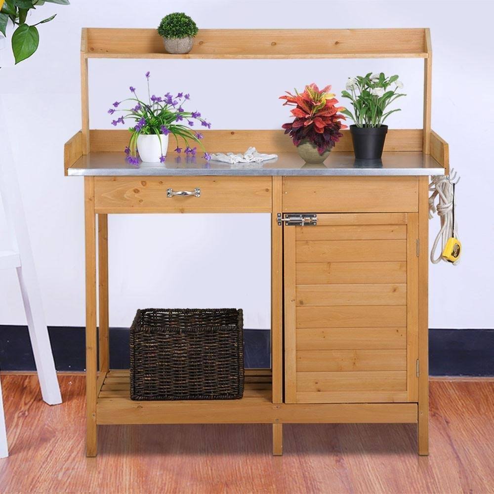 Yaheetech Outdoor Potting Bench Table Potters Benches Garden Work Bench Station Workstation With Drawer/Adjustable Shelf Rack/Removable Sink/Hooks/VA23CK2U_4PEND