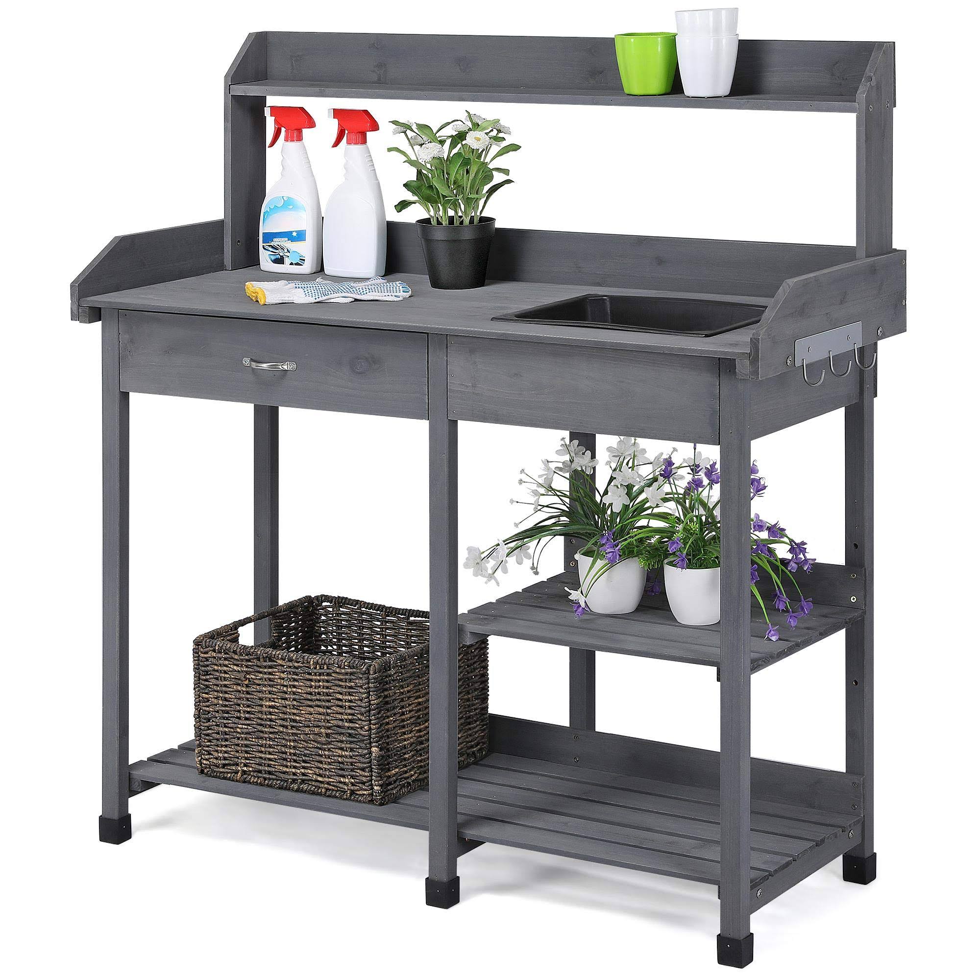 Yaheetech Outdoor Potting Bench Table Potters Benches Garden Work Bench Station Workstation With Drawer/Adjustable Shelf Rack/Removable Sink/Hooks/VA23CK2U_4PEND
