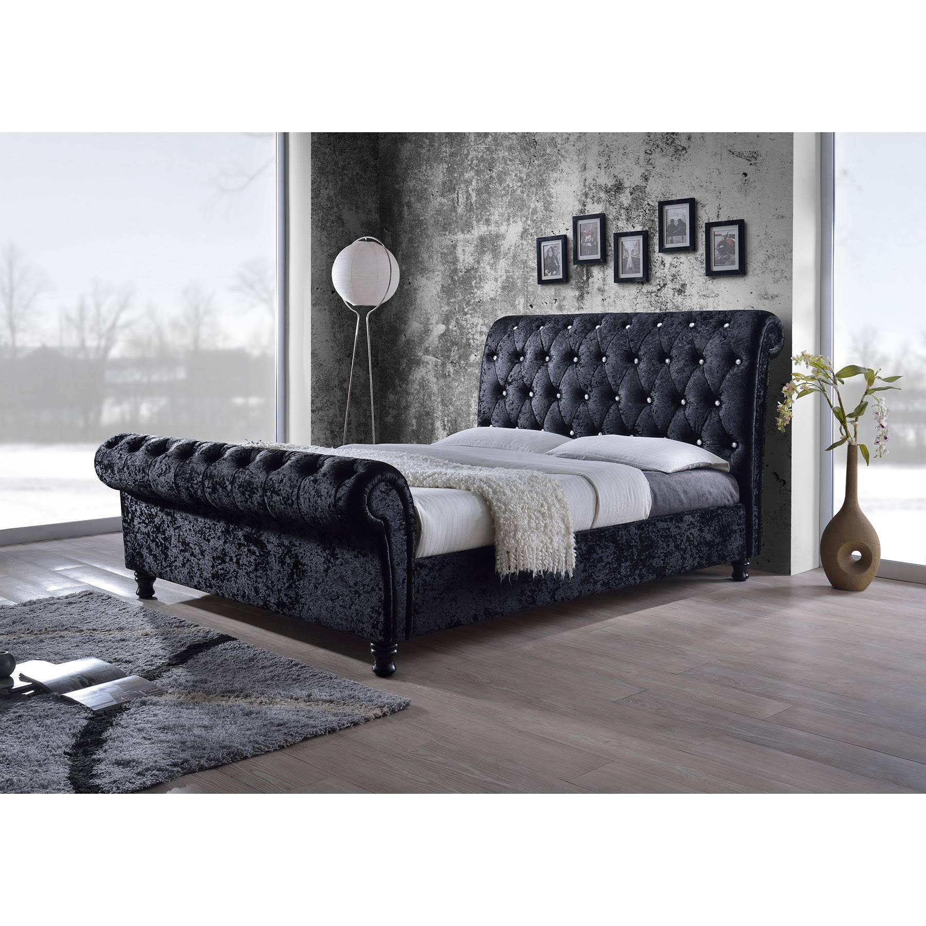 Baxton Studio Castello Black Velvet Upholstered Faux Crystal-Buttoned Sleigh Platform Bed, GPSMKINH_R5EFB