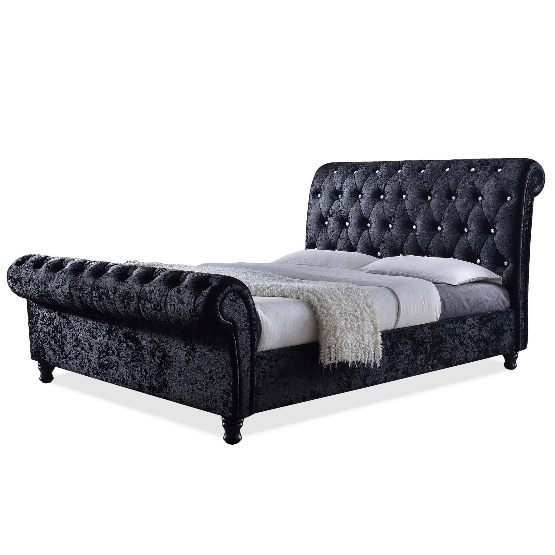 Baxton Studio Castello Black Velvet Upholstered Faux Crystal-Buttoned Sleigh Platform Bed, GPSMKINH_R5EFB