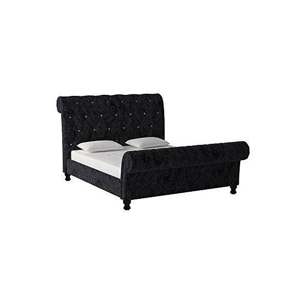 Baxton Studio Castello Black Velvet Upholstered Faux Crystal-Buttoned Sleigh Platform Bed, GPSMKINH_R5EFB