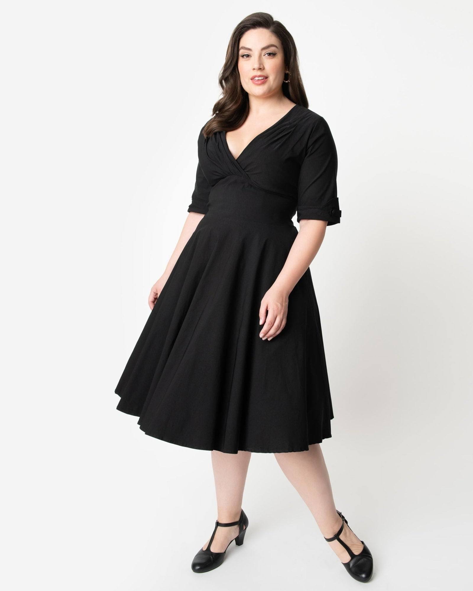 Unique Vintage Plus Size Black Delores Swing Dress With Sleeves, Women's, Size: 5xl/OLZLVYS1_QP4RJ