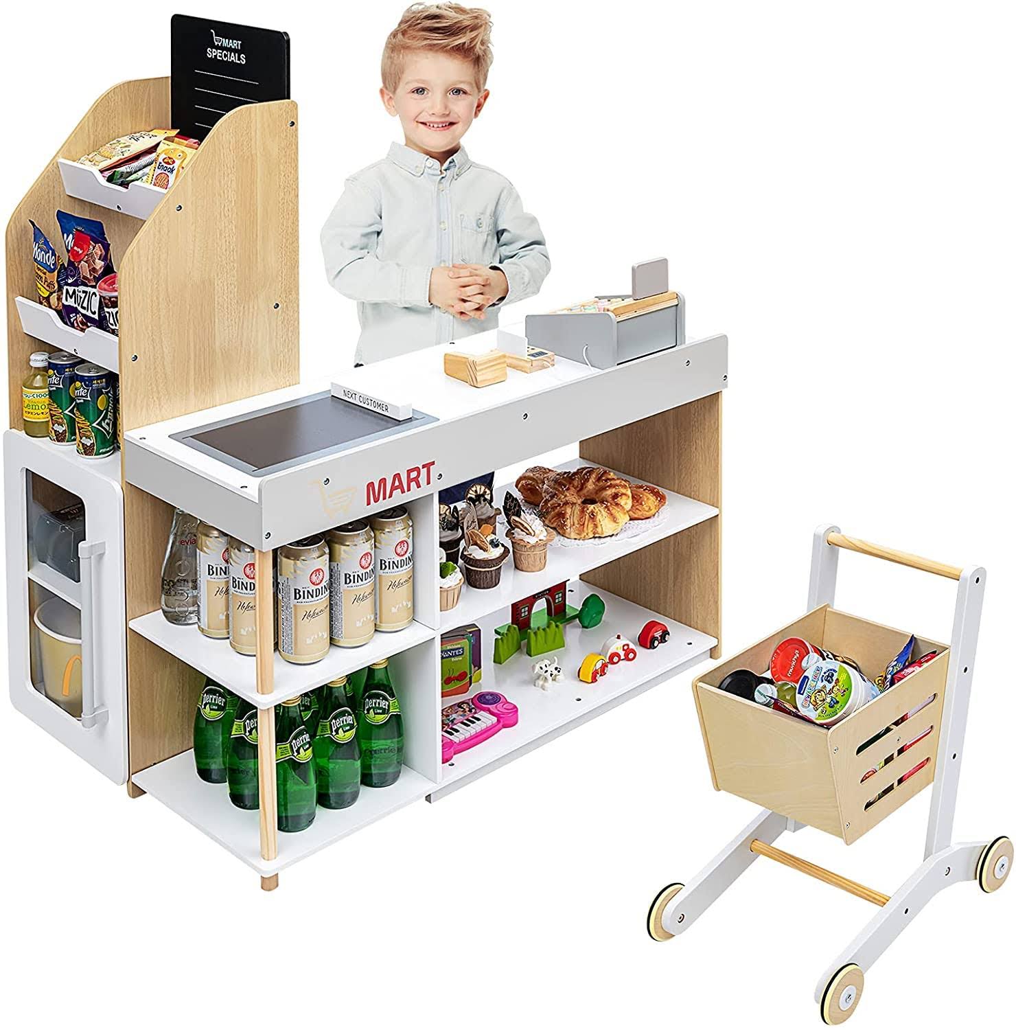 Honey Joy Kids Grocery Store Playset, Wooden Grocery Store Pretend Play W/Shopping Cart, Cash Register Stand W/Coins, Chalkboard, Toddler 7PSCNWG8_YKTKF