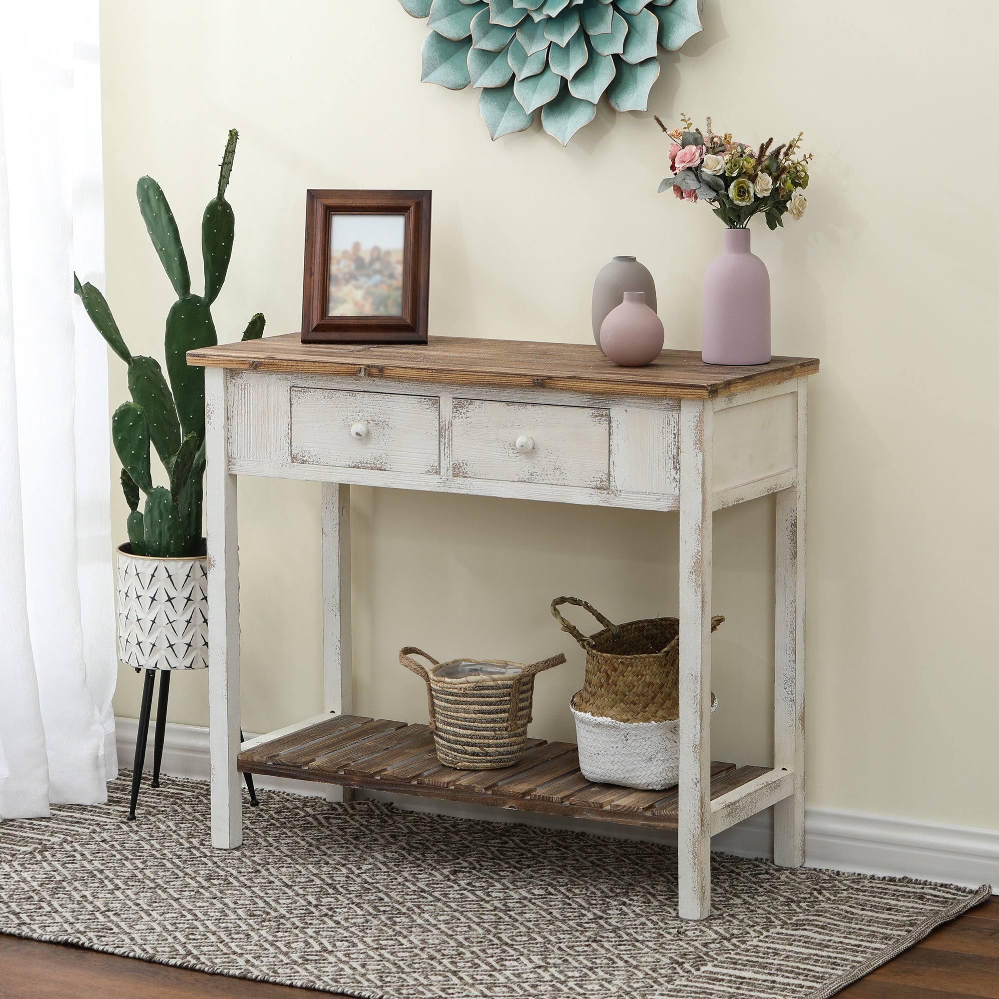 Luxenhome Distressed White And Wood 2-Drawer 1-Shelf Console And Entry 1SUHVKNC_ECGWJ