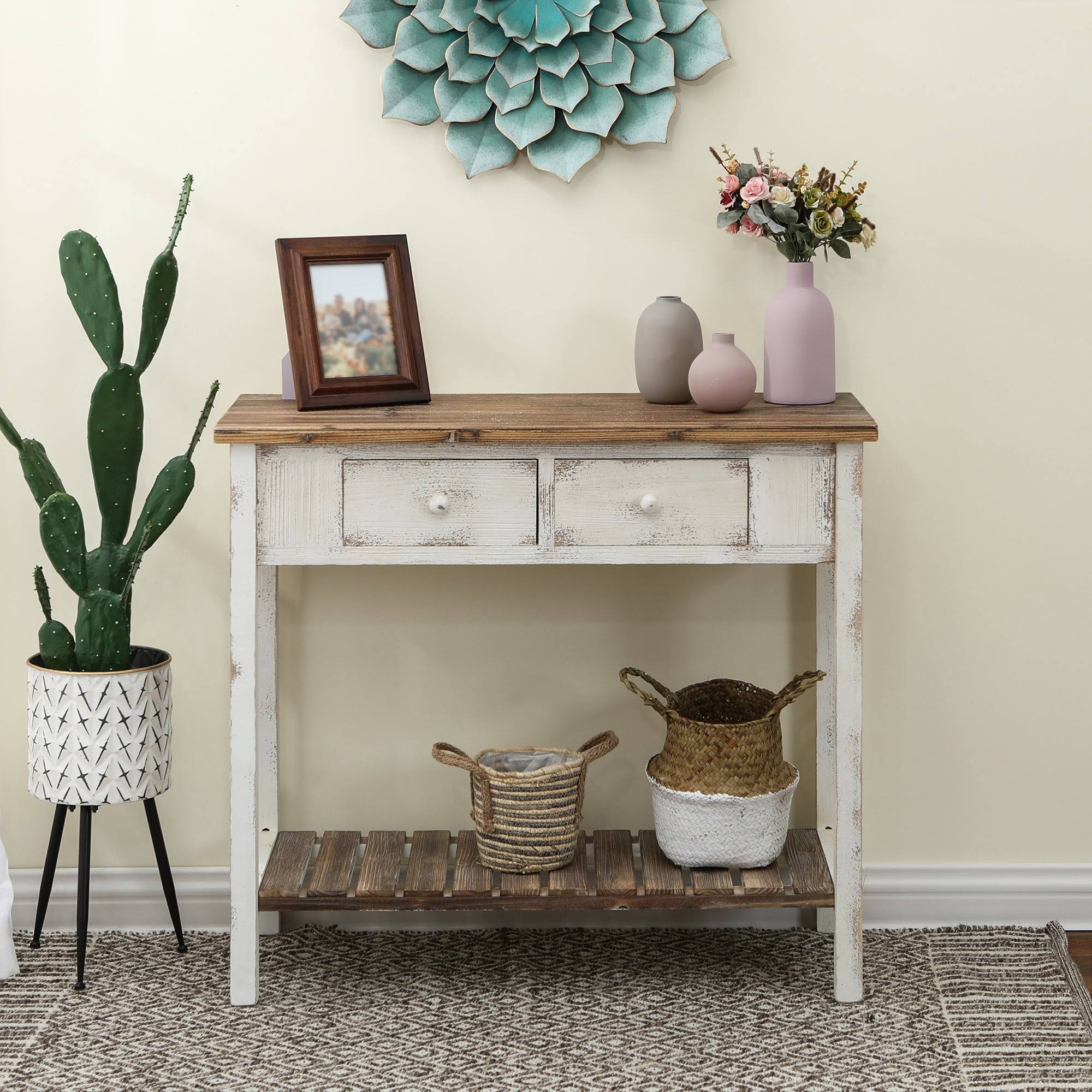 Luxenhome Distressed White And Wood 2-Drawer 1-Shelf Console And Entry 1SUHVKNC_ECGWJ