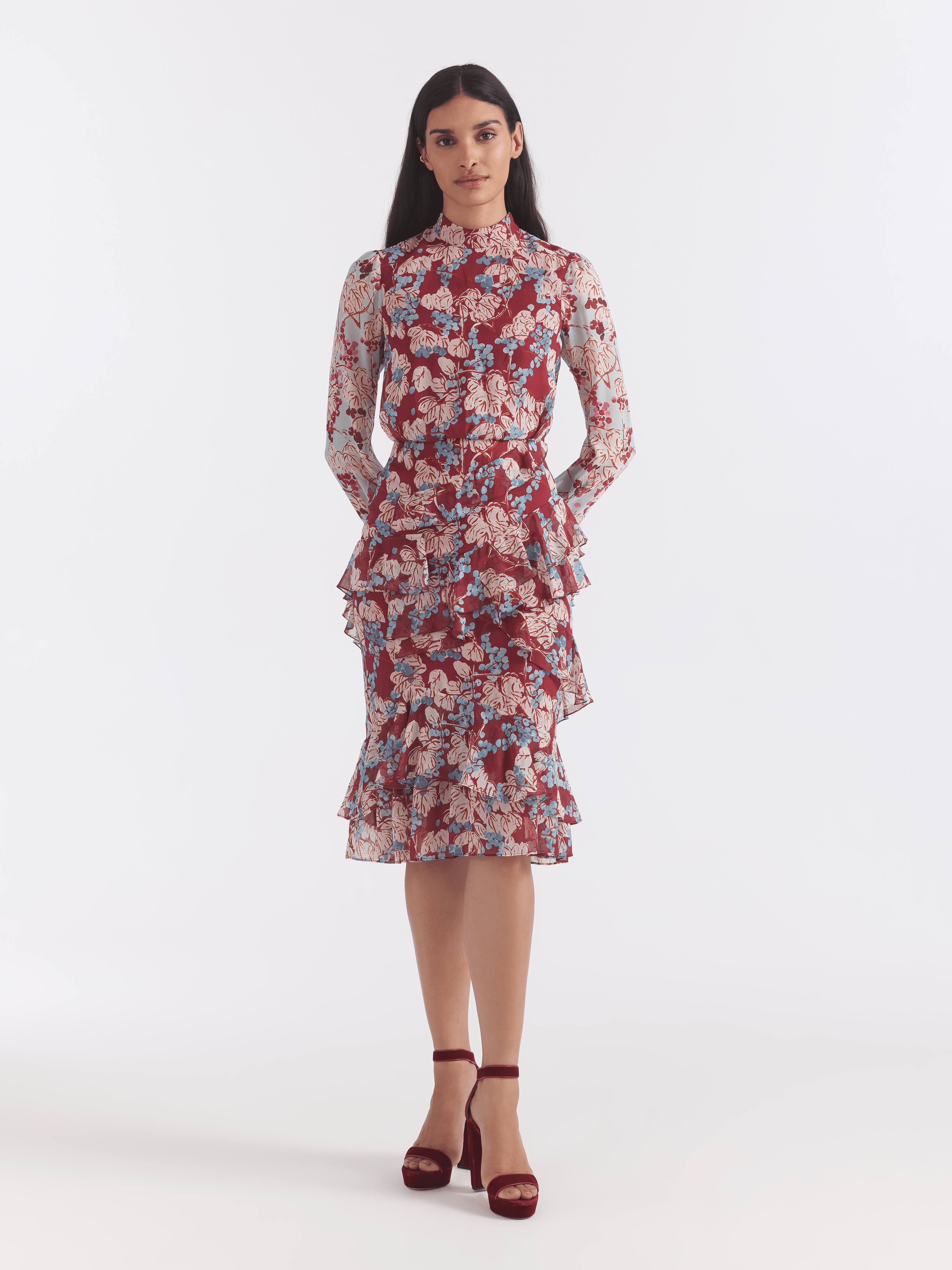 Saloni Isa Mock-Neck Floral-Print Silk Midi NC7DYI0X_7DFDX