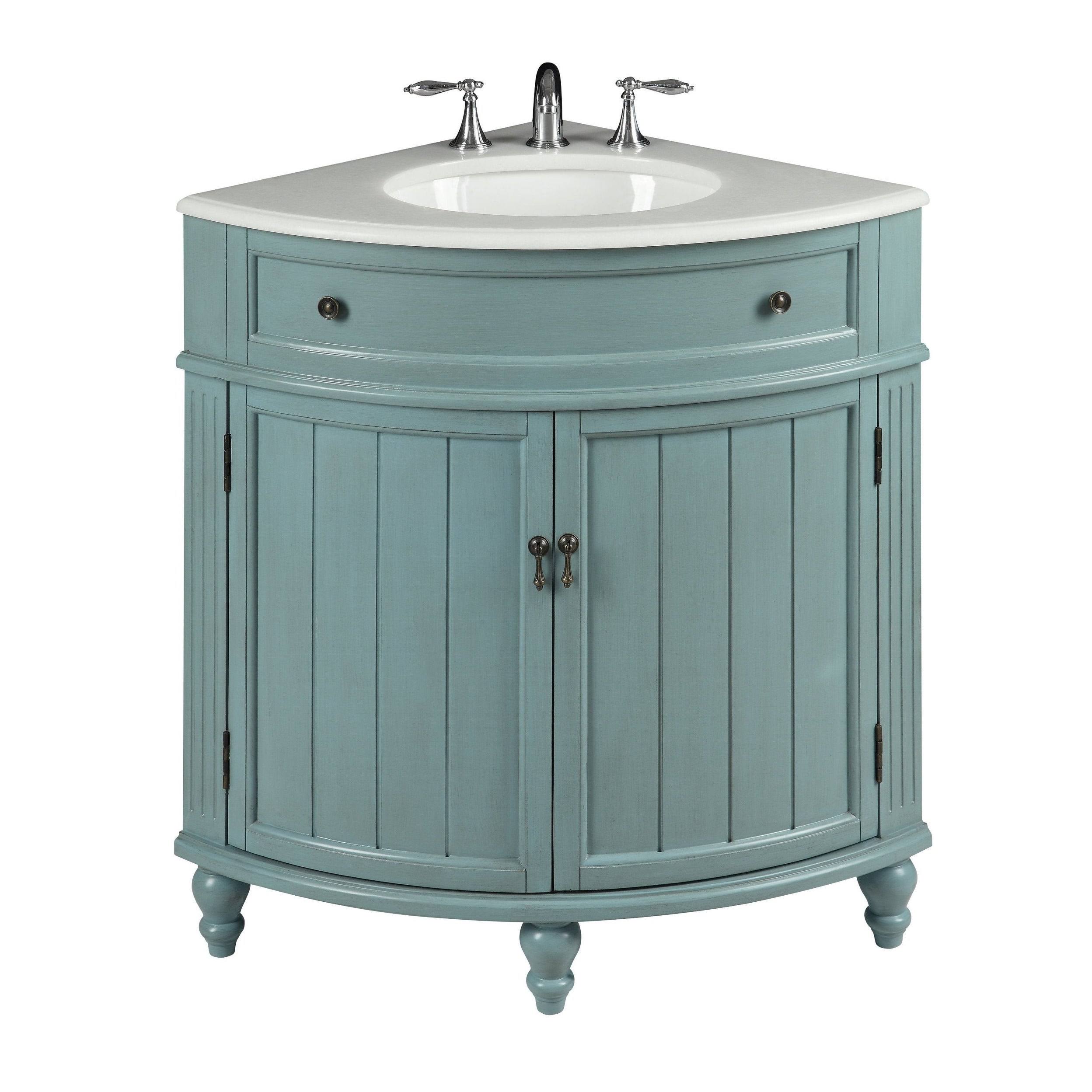 Benton Collection Thomasville 24 In. W X 24 In D. X 34.5 In. H Corner Bath Vanity In Light Blue With White Marble Top And Porcelain KFCZ7SX6_SHMRB