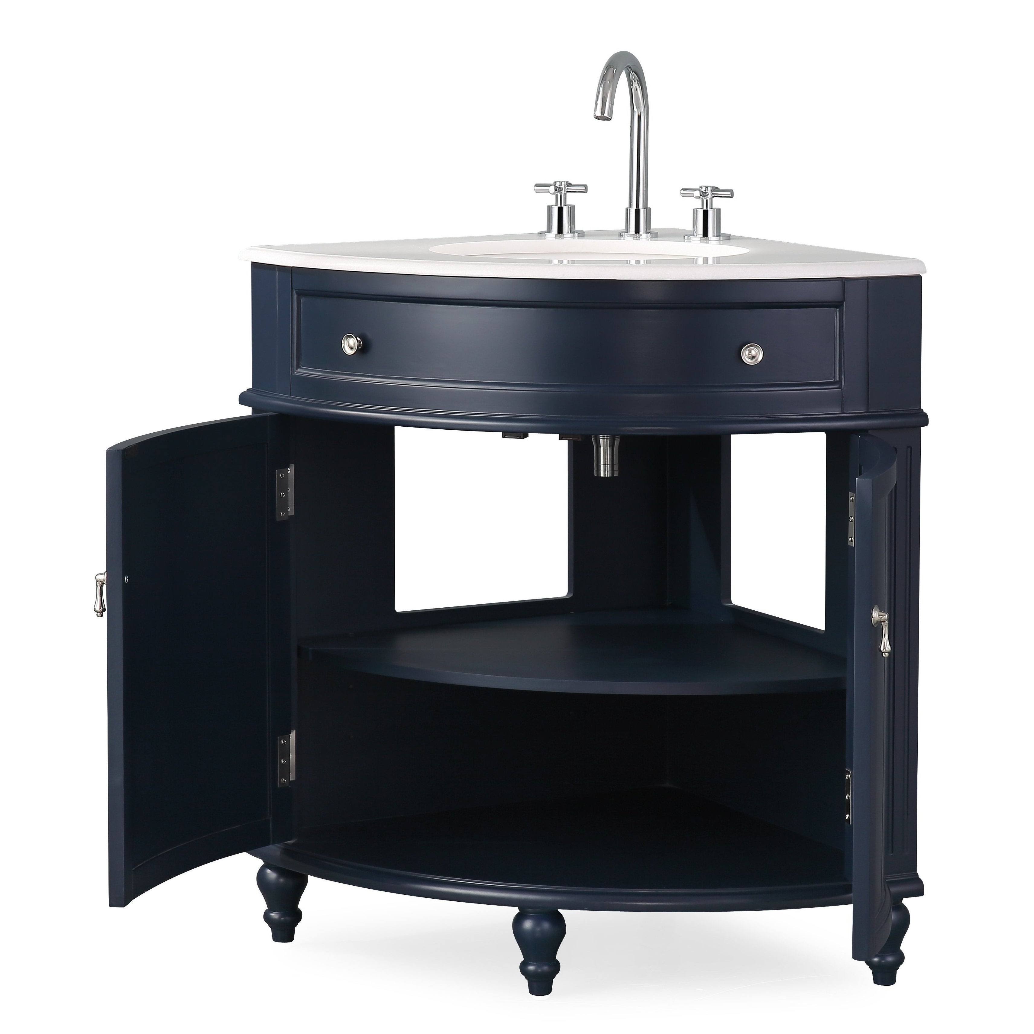 Benton Collection Thomasville 24 In. W X 24 In D. X 34.5 In. H Corner Bath Vanity In Light Blue With White Marble Top And Porcelain KFCZ7SX6_SHMRB