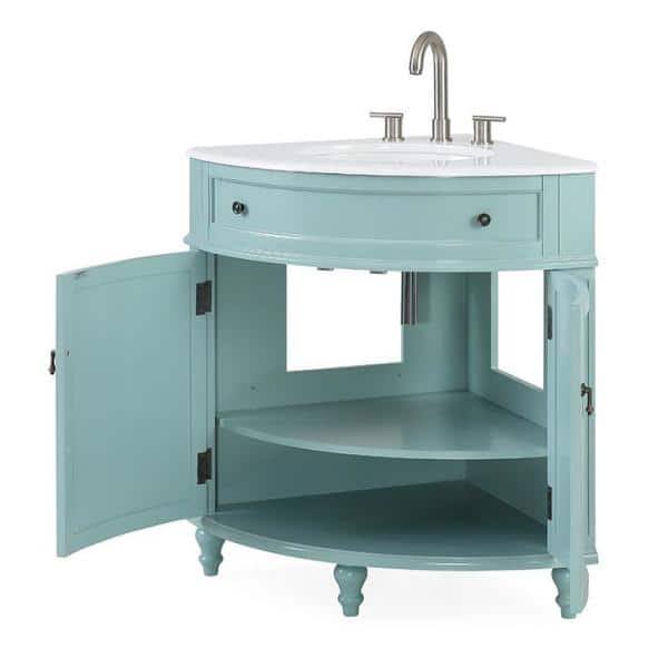 Benton Collection Thomasville 24 In. W X 24 In D. X 34.5 In. H Corner Bath Vanity In Light Blue With White Marble Top And Porcelain KFCZ7SX6_SHMRB
