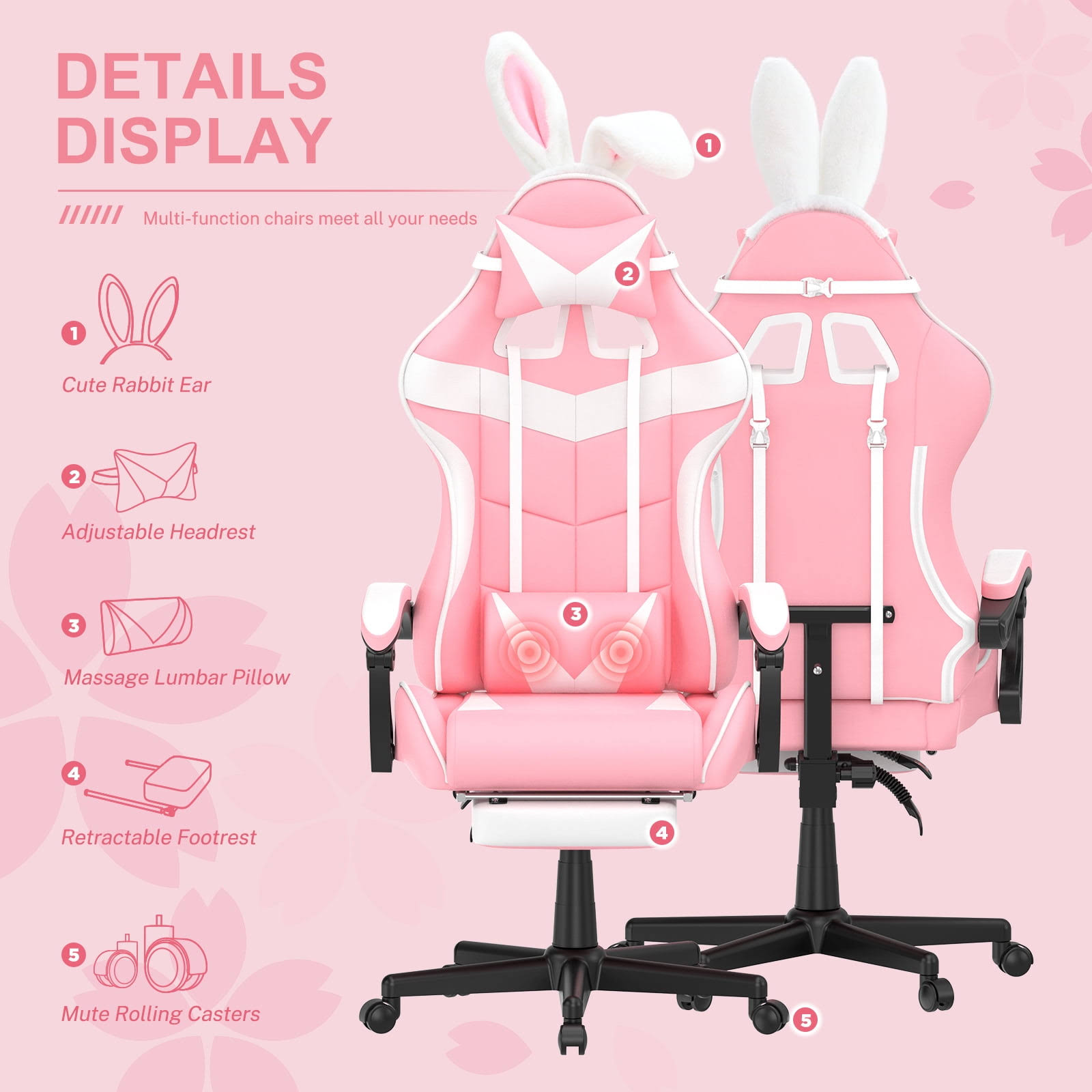 Soontrans Gaming Chair Office Chair With Footrest, High Back Computer Gamer Chairs With Massage Lumbar Support & Adjustable Headrest, Ergonomic RKDXL226_S3FSR