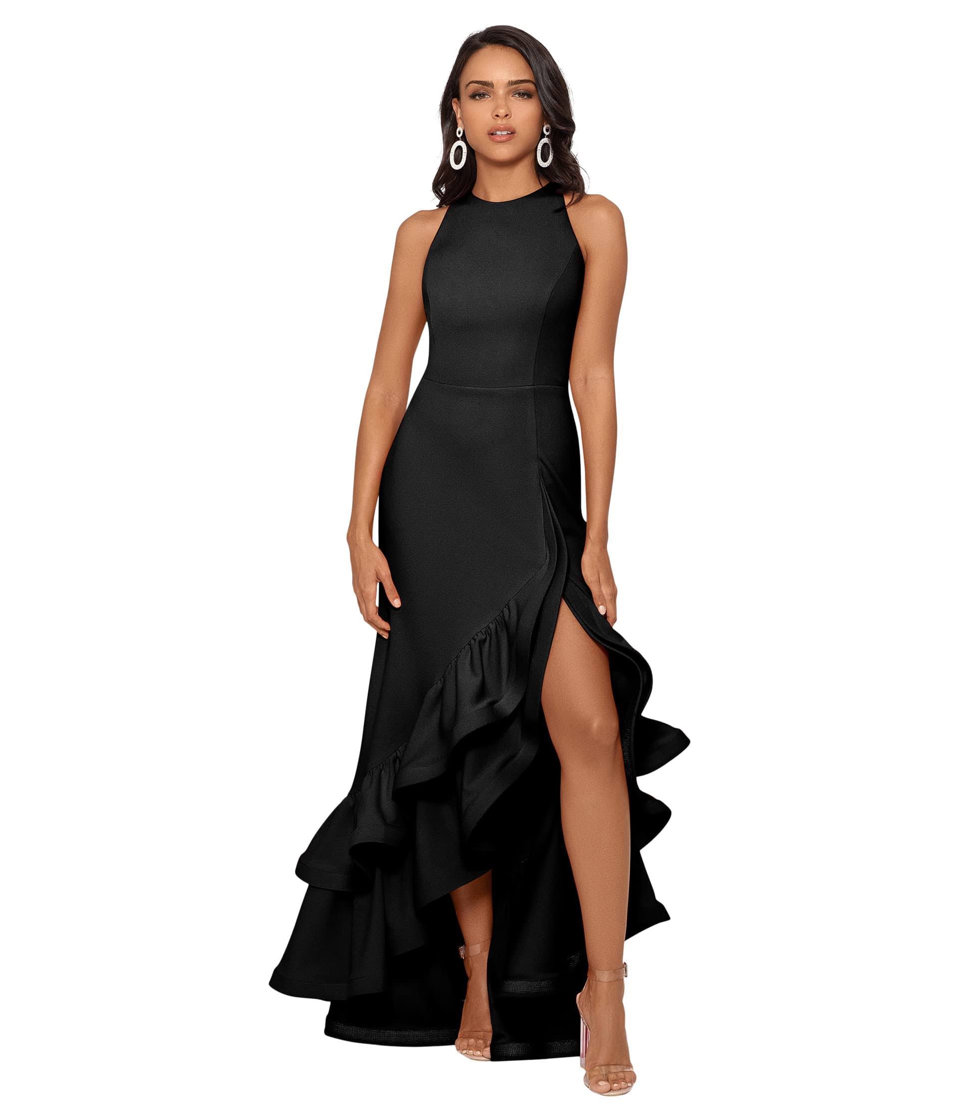 Betsy & Adam Long Halter Crepe Tiered Ruffle J63XTDIH_ZC9CJ