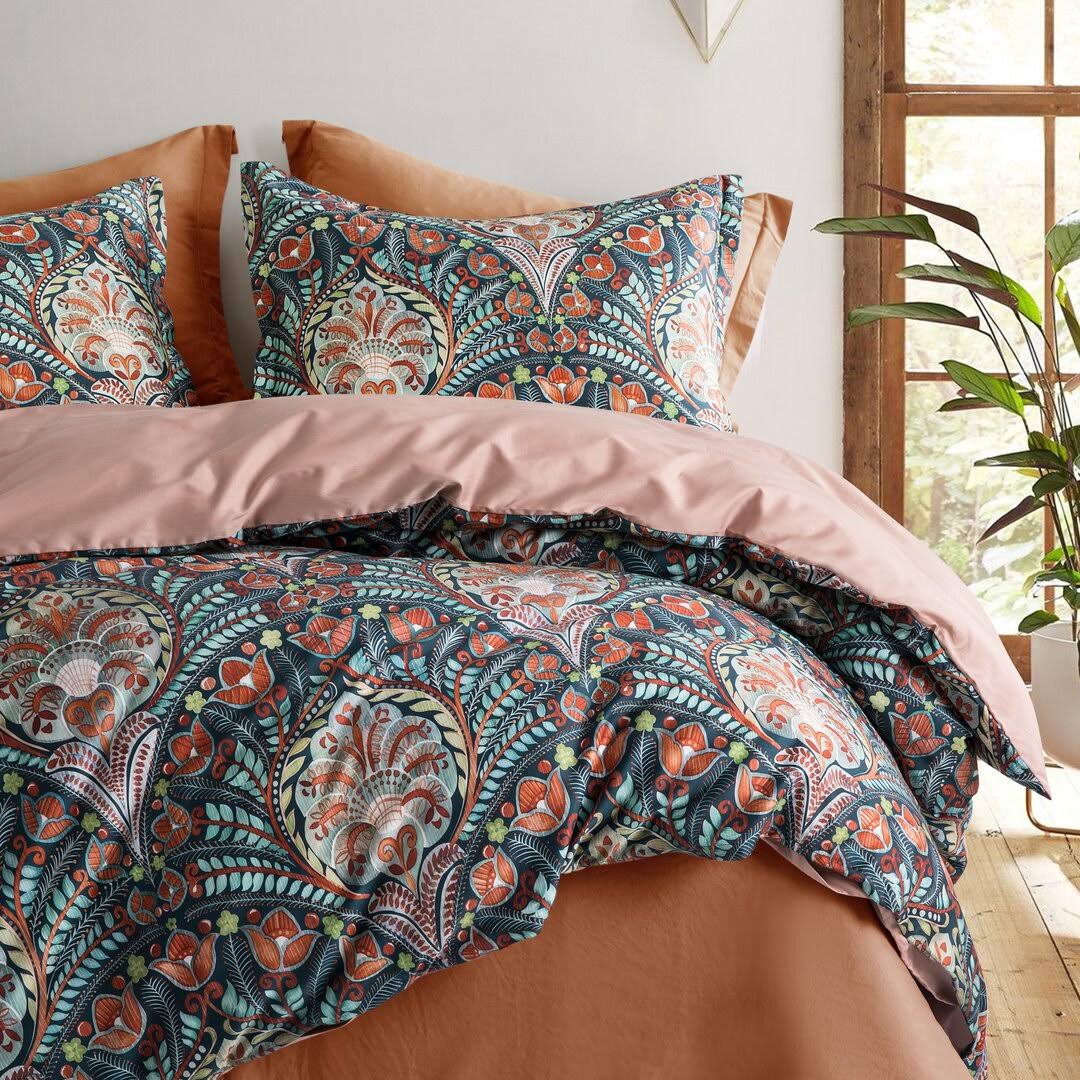 Meenakshi Turquoise Reversible Floral 100% Egyptian-Quality Cotton Duvet Cover Set World Menagerie Size King Duvet Cover + 2 FN1ZSUTY_SGBQW