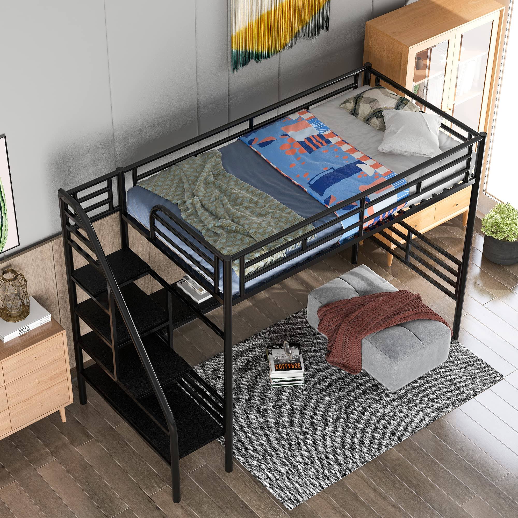 Metal Loft Bed Frame With Desk, Twin Loft Bed With Stairs, No Box Spring Needed, Y1Z3WZBM_QCKKH