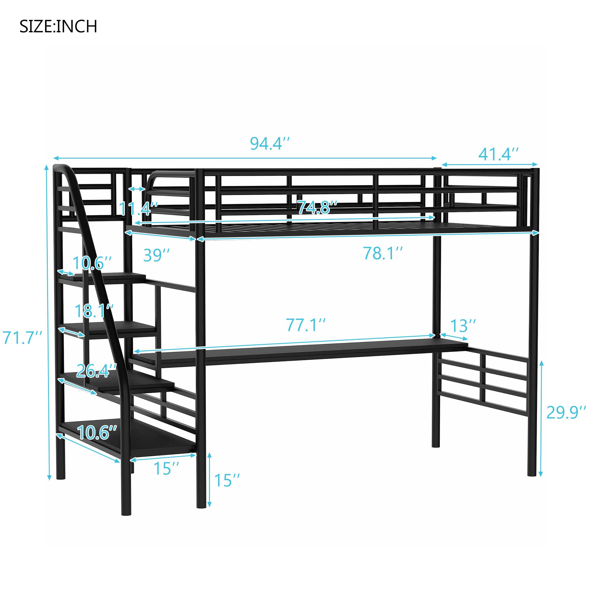 Metal Loft Bed Frame With Desk, Twin Loft Bed With Stairs, No Box Spring Needed, Y1Z3WZBM_QCKKH