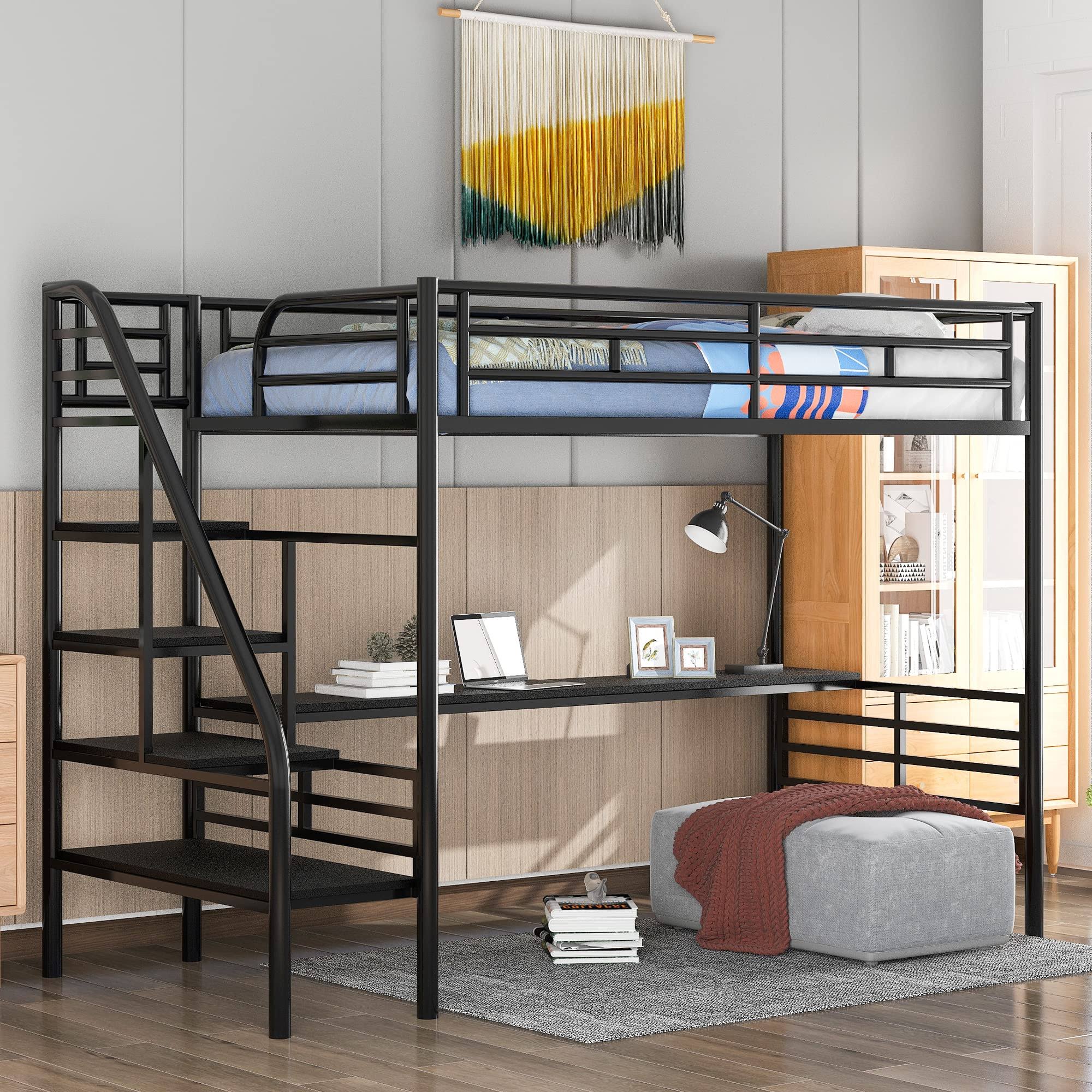 Metal Loft Bed Frame With Desk, Twin Loft Bed With Stairs, No Box Spring Needed, Y1Z3WZBM_QCKKH