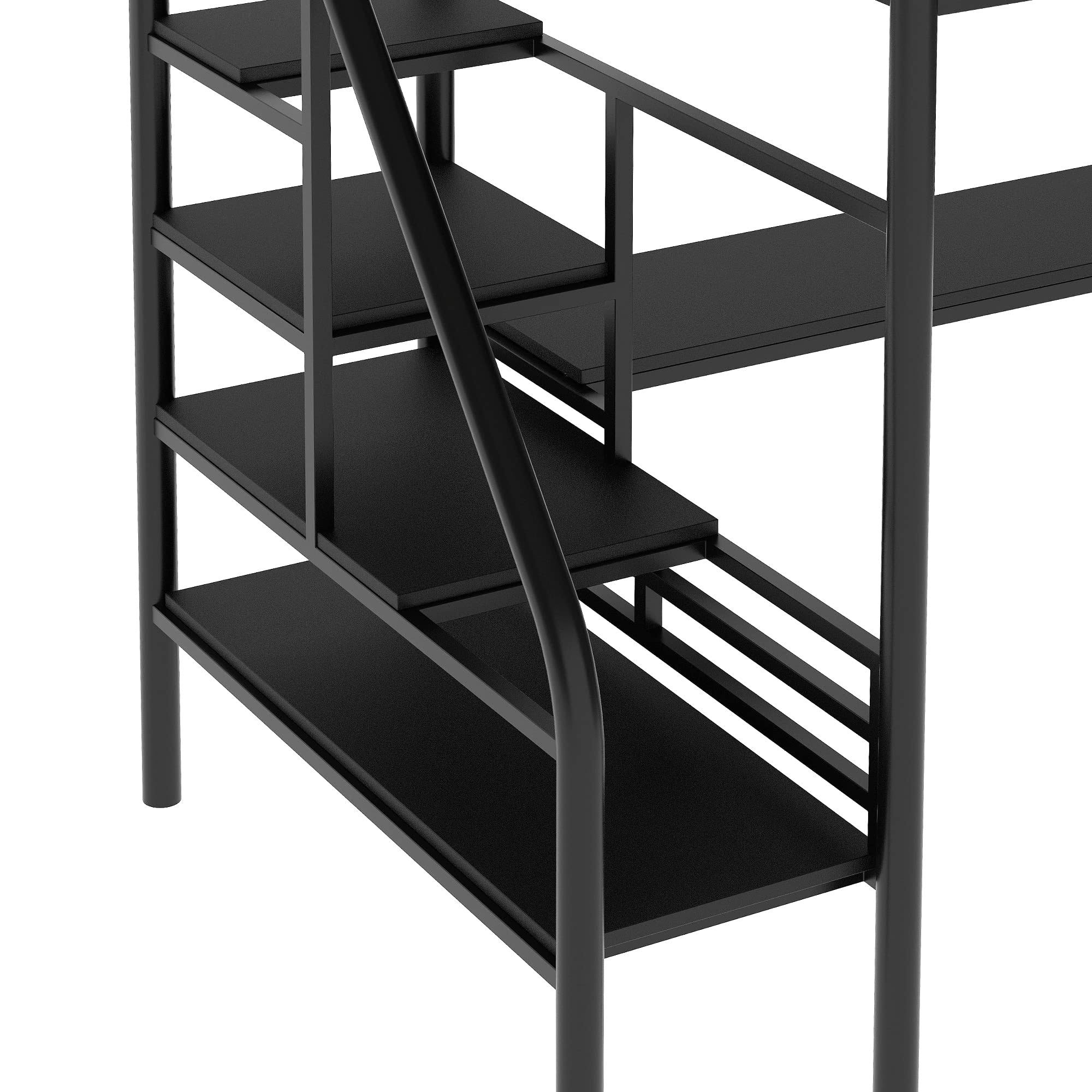 Metal Loft Bed Frame With Desk, Twin Loft Bed With Stairs, No Box Spring Needed, Y1Z3WZBM_QCKKH