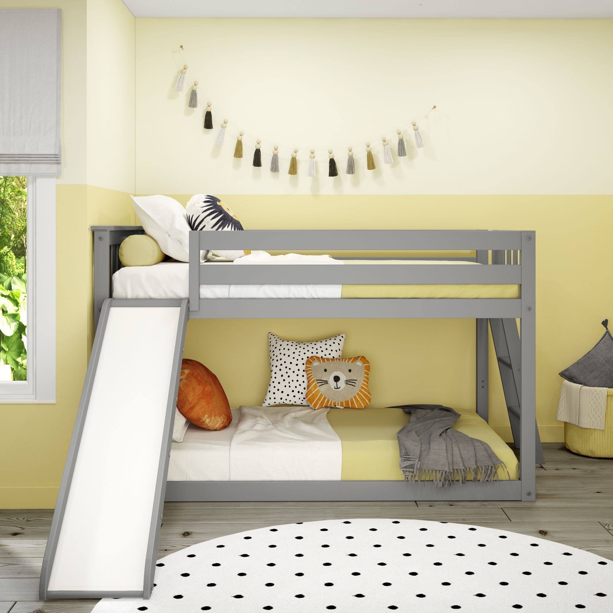 Max & Lily Twin Over Twin Low Bunk Bed With Ladder On End And Slide For Kids, White, Size: Twin/DRYUTDFC_ESTRR