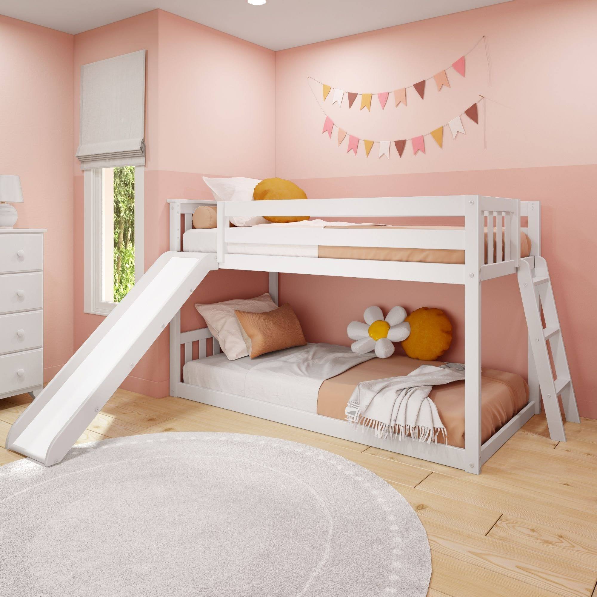 Max & Lily Twin Over Twin Low Bunk Bed With Ladder On End And Slide For Kids, White, Size: Twin/DRYUTDFC_ESTRR