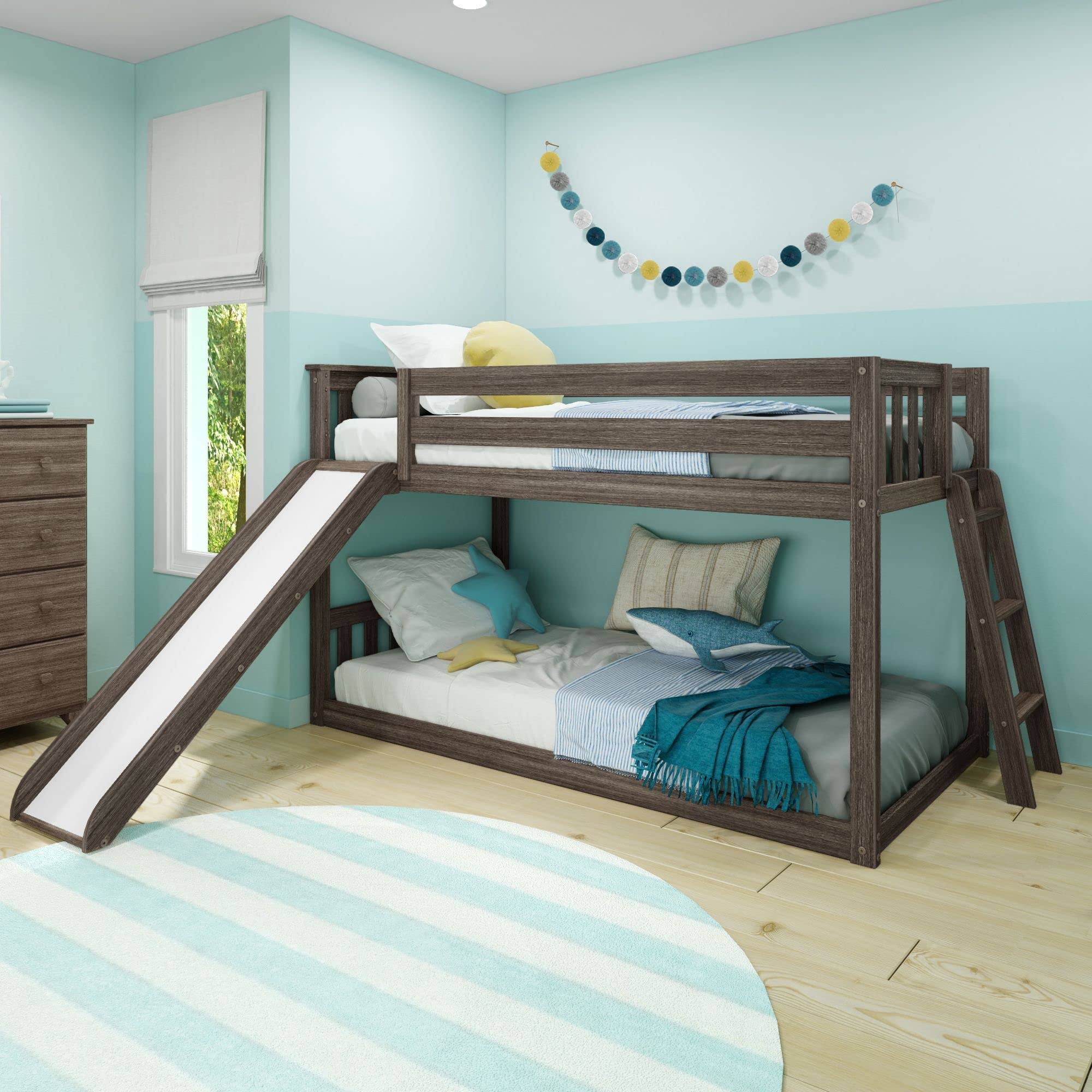 Max & Lily Twin Over Twin Low Bunk Bed With Ladder On End And Slide For Kids, White, Size: Twin/DRYUTDFC_ESTRR