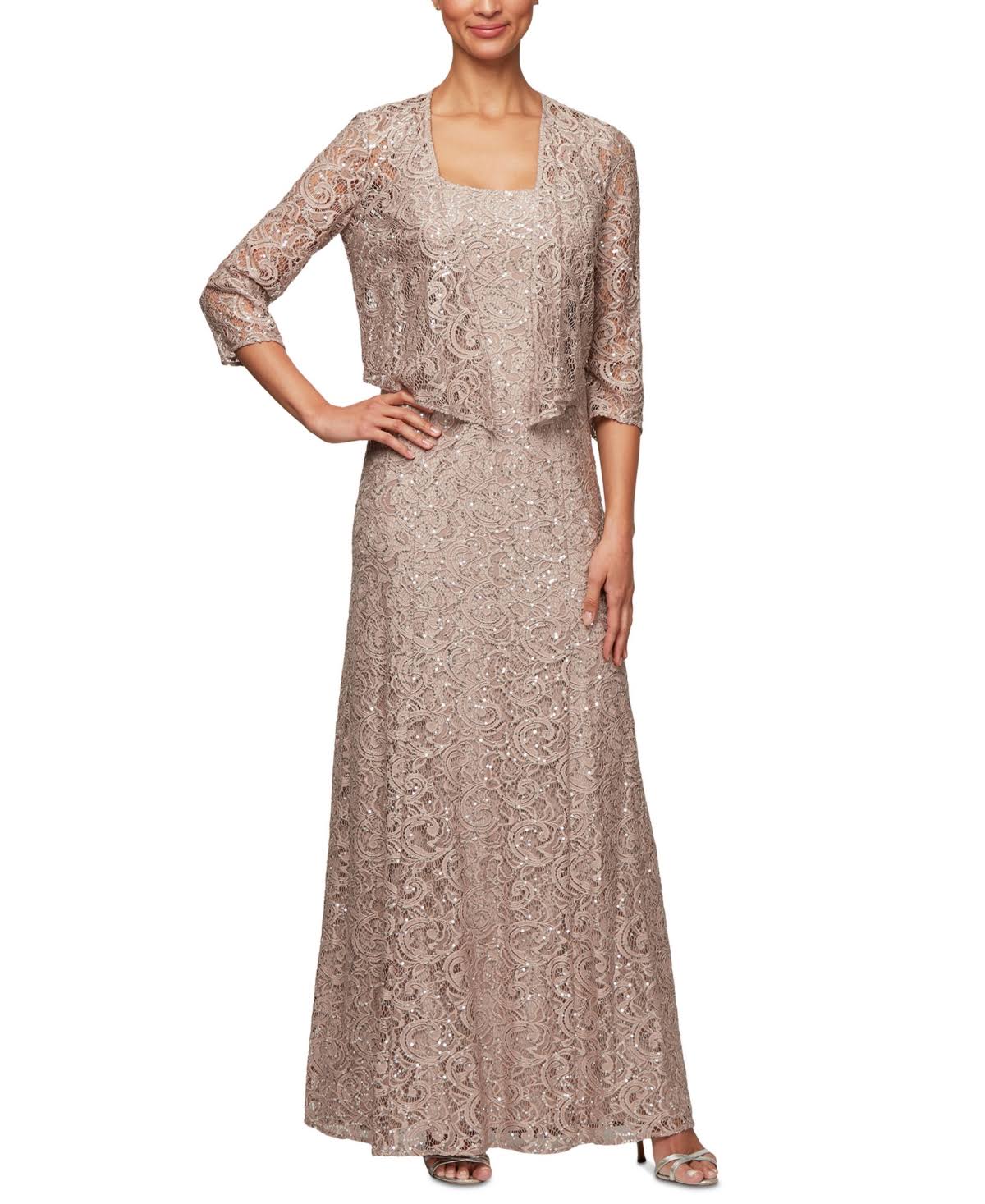 Alex Evenings Long Sequin Lace A-Line Jacket Dress With Illusion : VQSFTP68_Q4KLW
