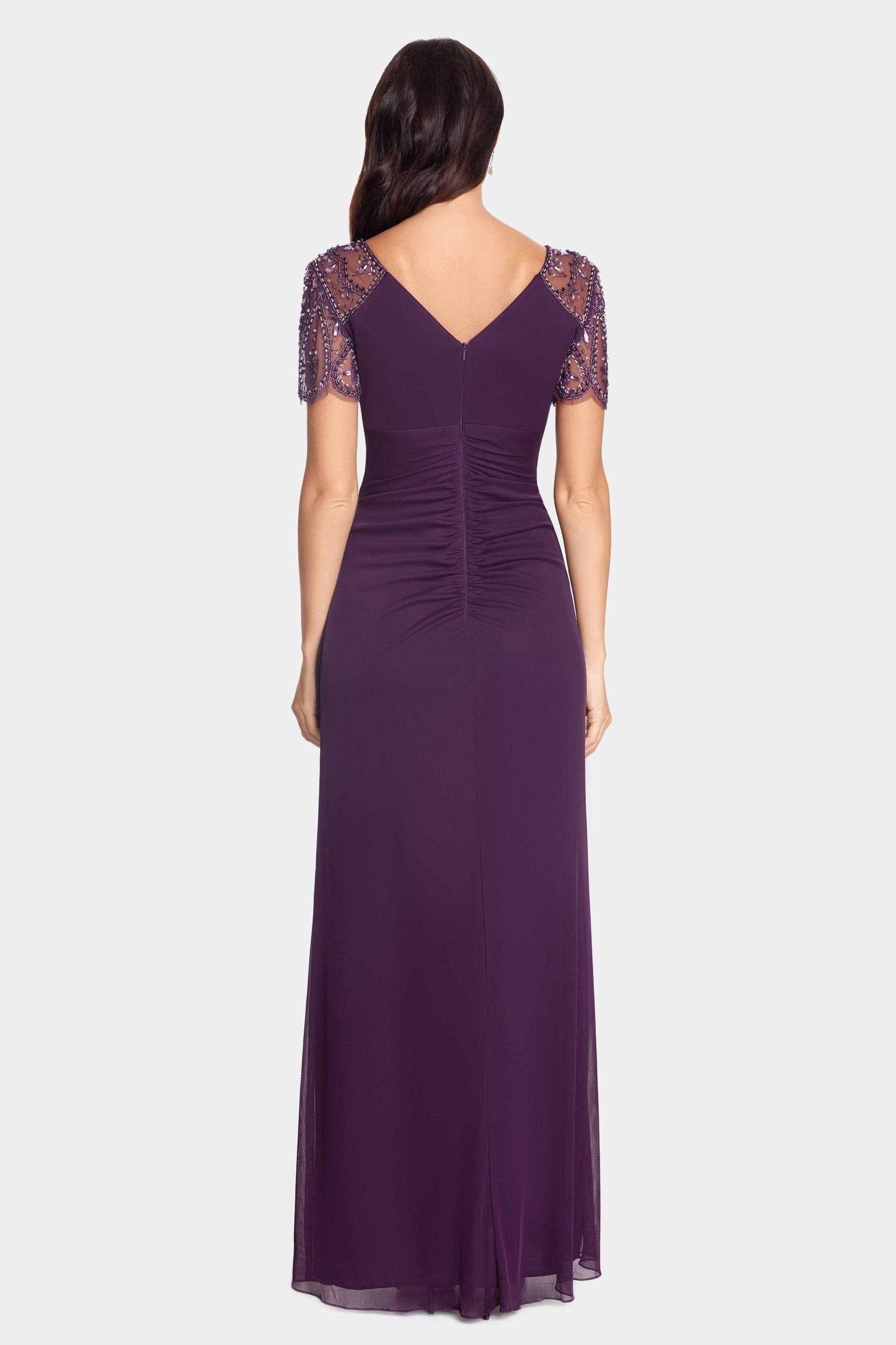 Xscape Womens Purple Embellished Zippered Empire Waist Draped Ruched Short Sleeve V Neck Full-Length Formal Gown Dress Petites 7LYNVIAT_IO8FX