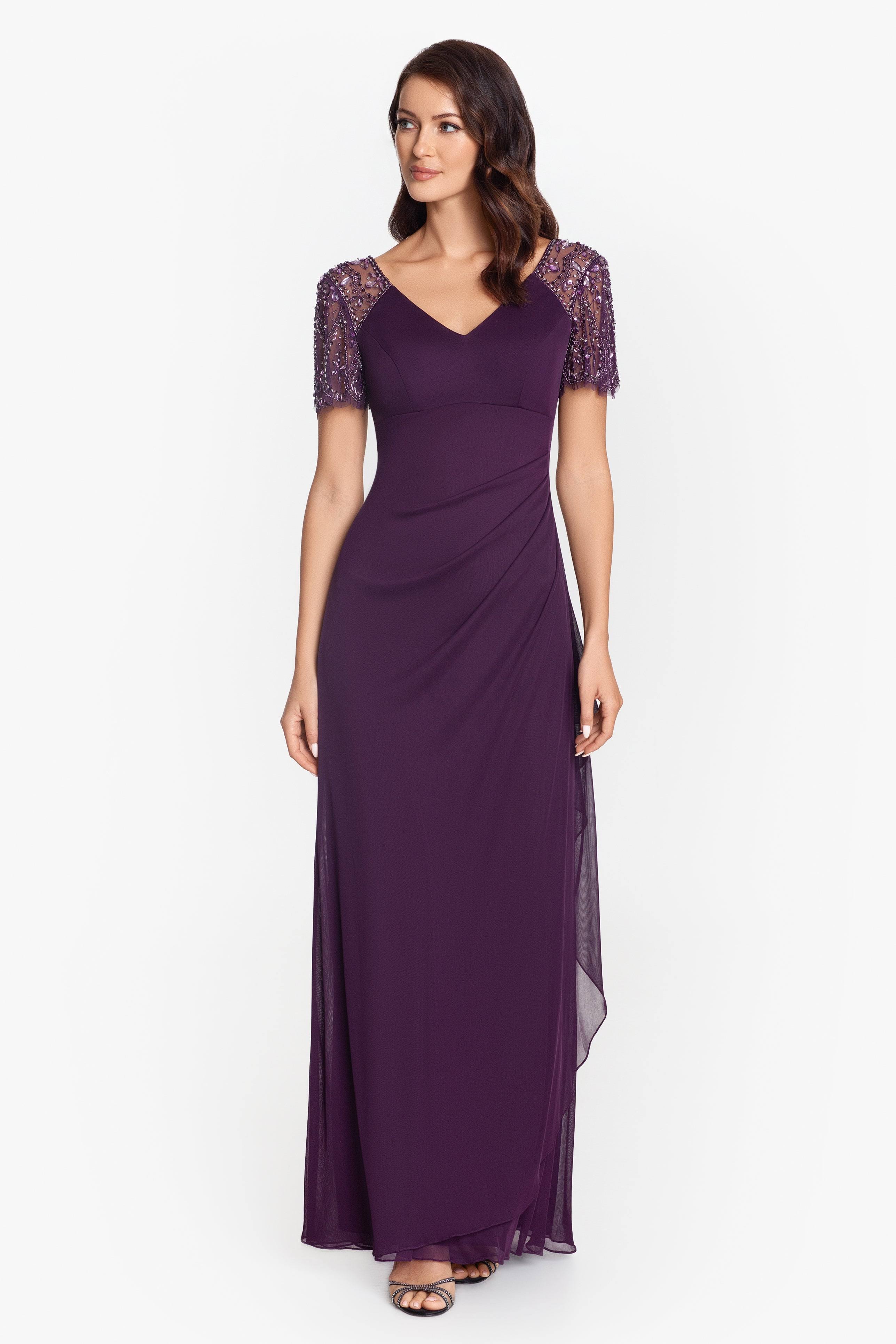 Xscape Womens Purple Embellished Zippered Empire Waist Draped Ruched Short Sleeve V Neck Full-Length Formal Gown Dress Petites 7LYNVIAT_IO8FX