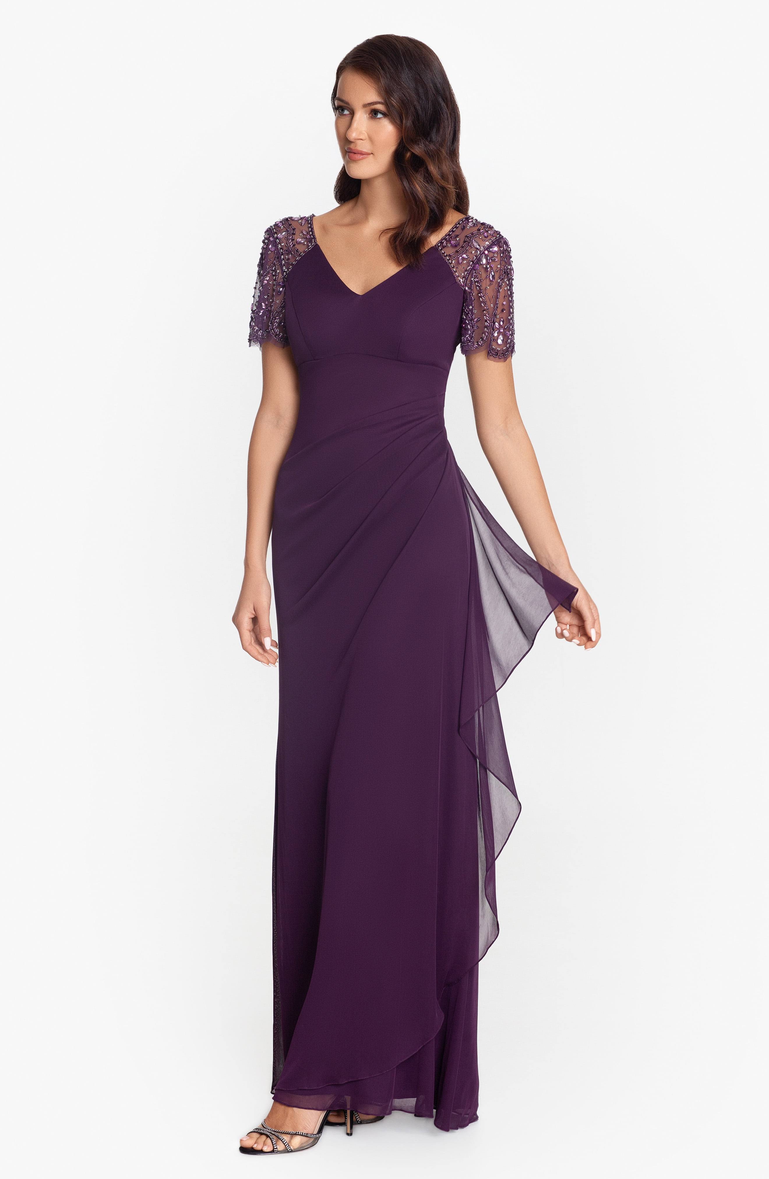 Xscape Womens Purple Embellished Zippered Empire Waist Draped Ruched Short Sleeve V Neck Full-Length Formal Gown Dress Petites 7LYNVIAT_IO8FX