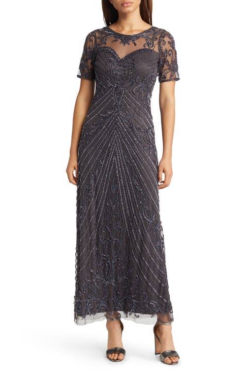 Pisarro Nights Beaded Mesh Column Gown In Slate At Nordstrom, Size YRBG08MA_1CGDT