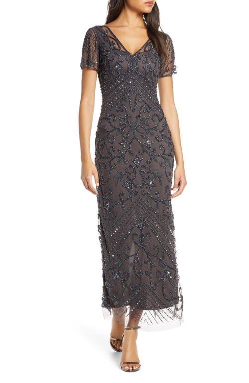 Pisarro Nights Beaded Mesh Column Gown In Slate At Nordstrom, Size YRBG08MA_1CGDT