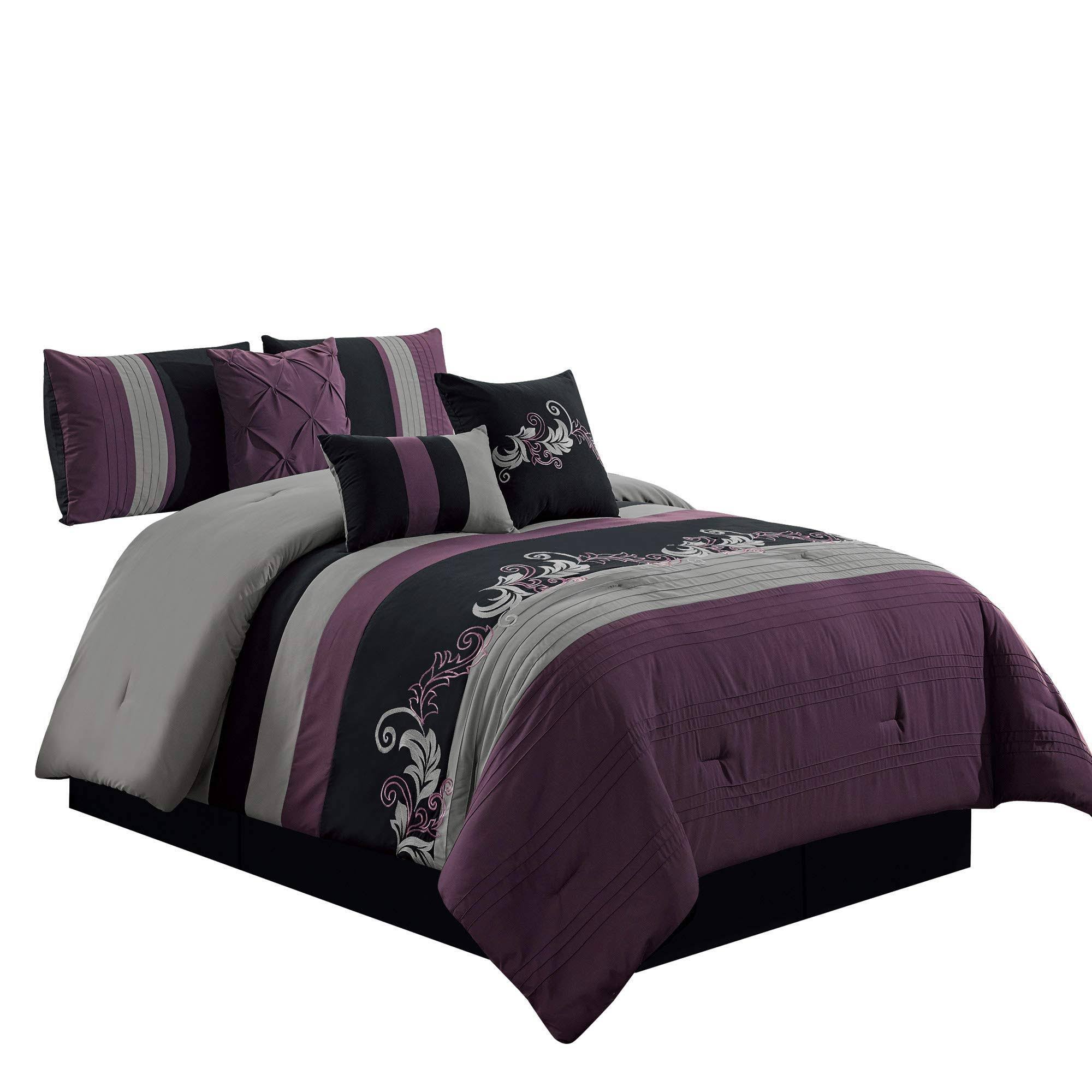 Chezmoi Collection Napa 7-Piece Luxury Leaves Scroll Embroidery Comforter Set Size Queen HJ4BSNLN_UZPUU