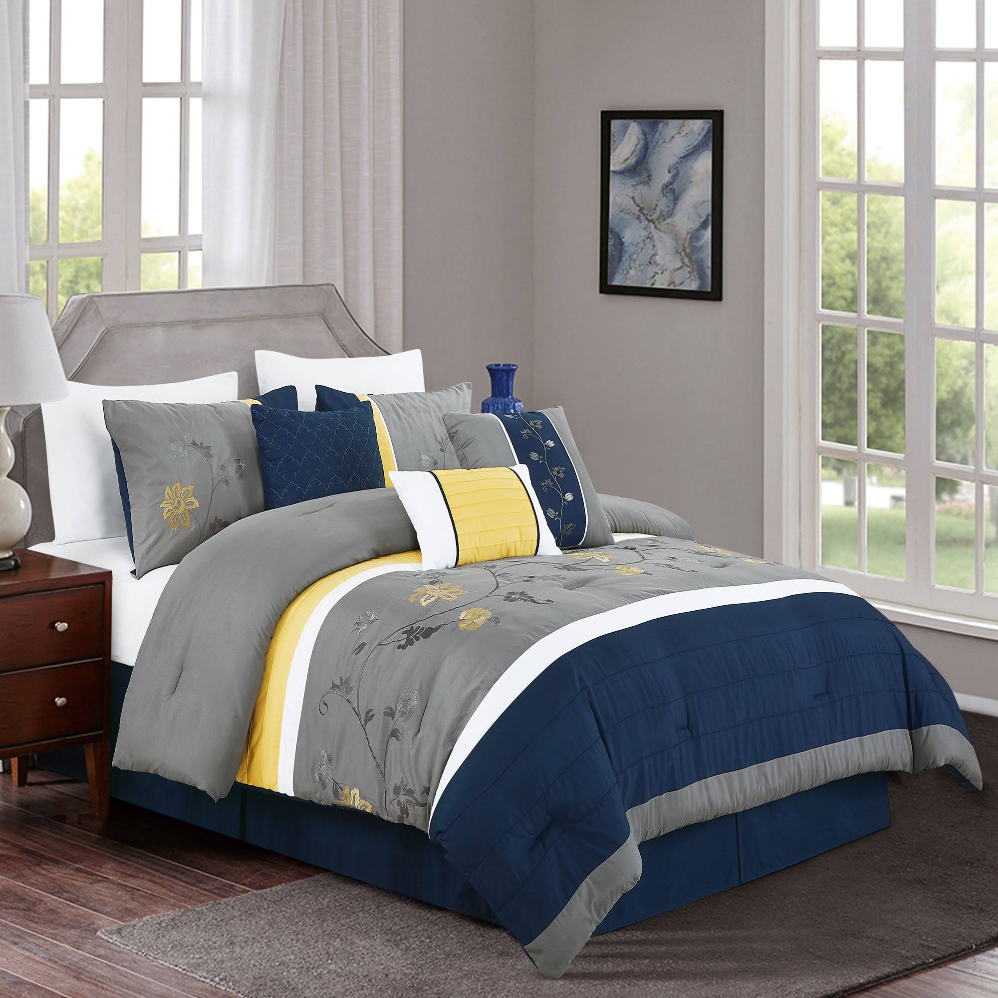 Chezmoi Collection Napa 7-Piece Luxury Leaves Scroll Embroidery Comforter Set Size Queen HJ4BSNLN_UZPUU