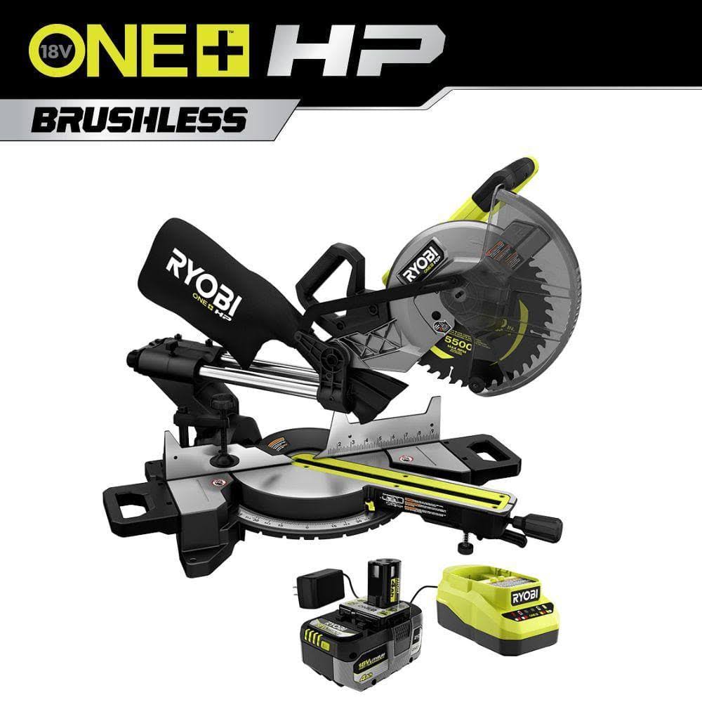 Ryobi Pblms01k One+ Hp 18v Brushless Cordless 10 In. Sliding Compound Miter Saw Kit With 4.0 Ah High Performance Battery And EYGDZ4LY_XRRF0