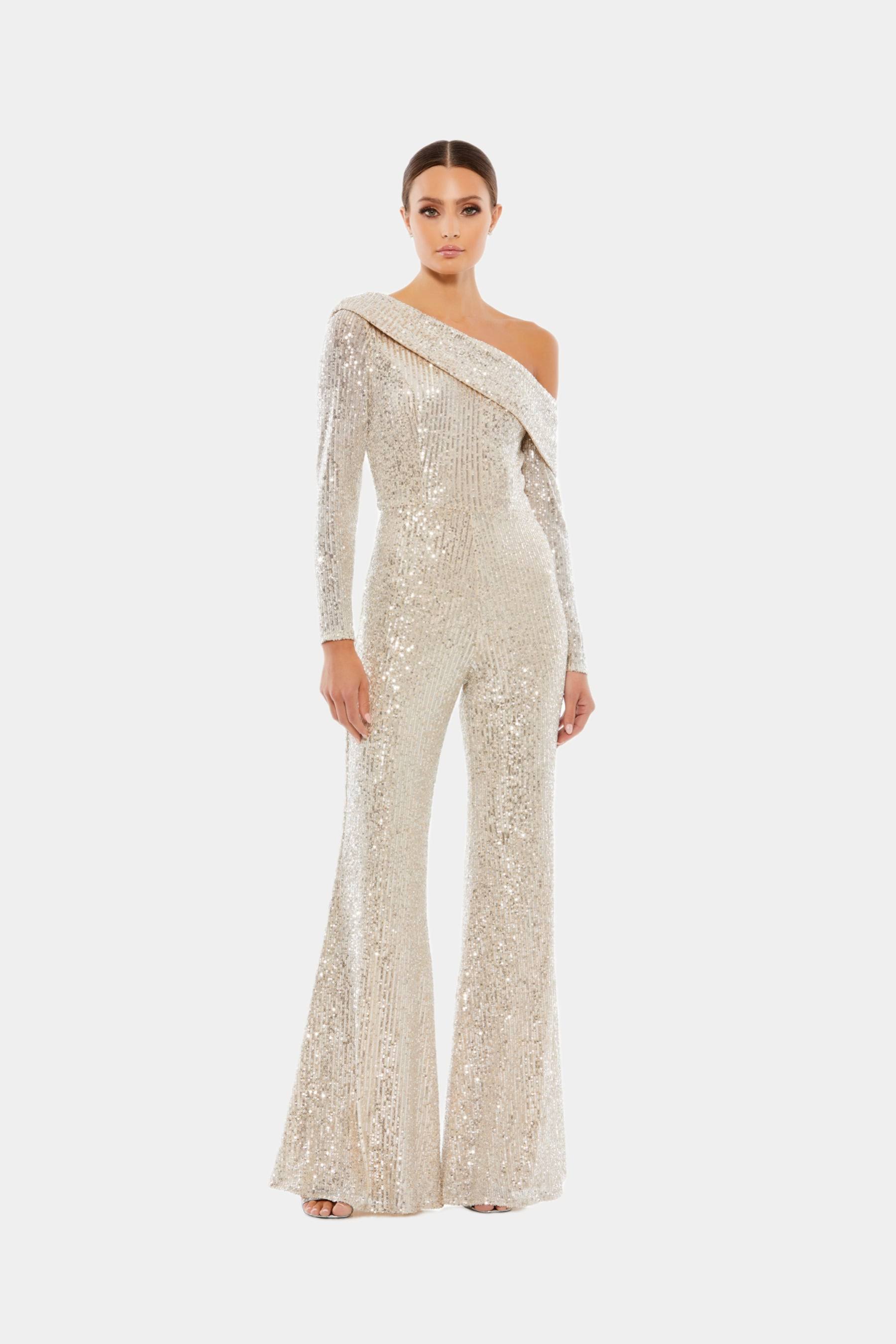 Mac Duggal Asymmetric Off-The-Shoulder Long Sleeve Flare Leg Sequin Jumpsuit, Womens, 8, OZPAFPSW_AJCBW