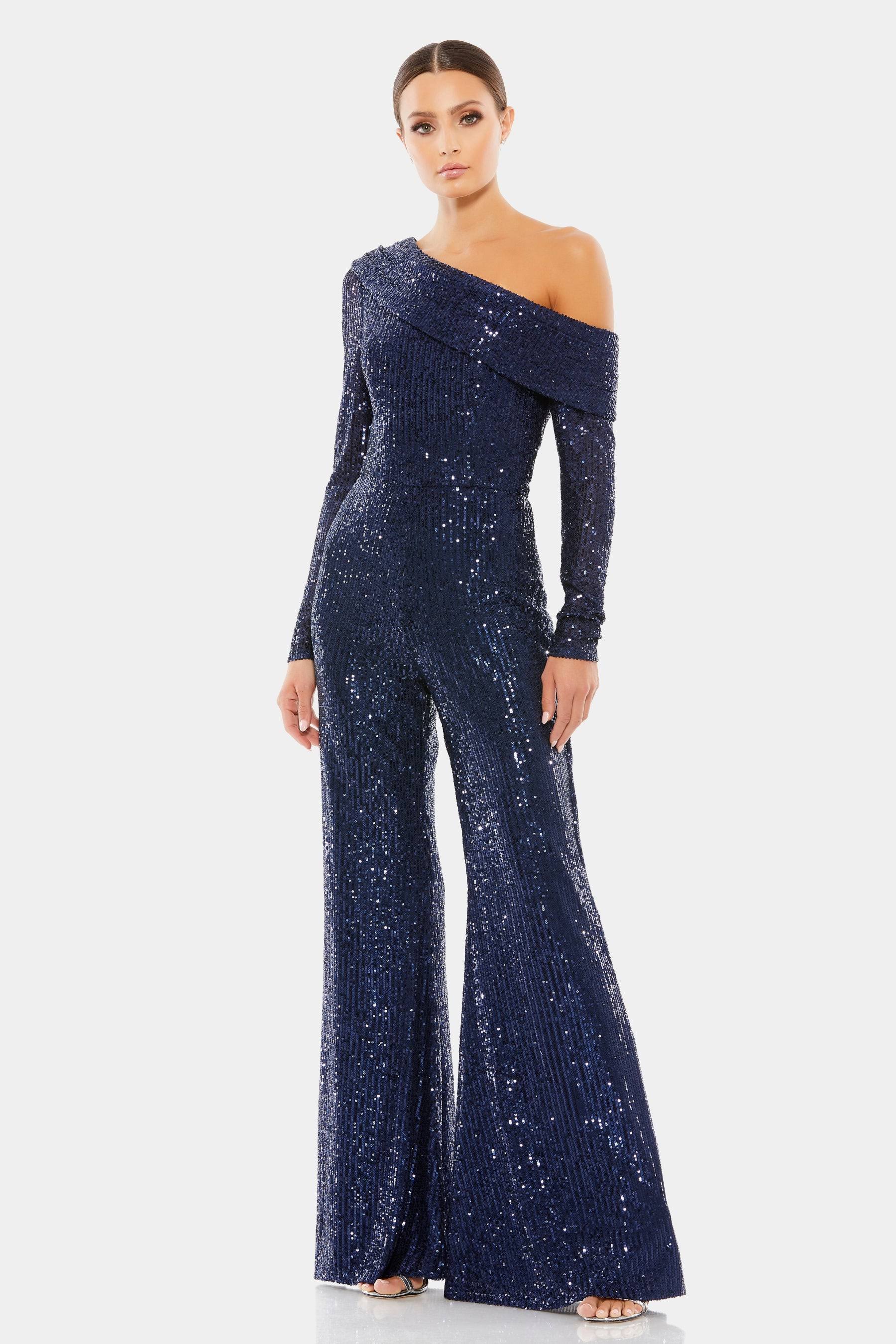 Mac Duggal Asymmetric Off-The-Shoulder Long Sleeve Flare Leg Sequin Jumpsuit, Womens, 8, OZPAFPSW_AJCBW